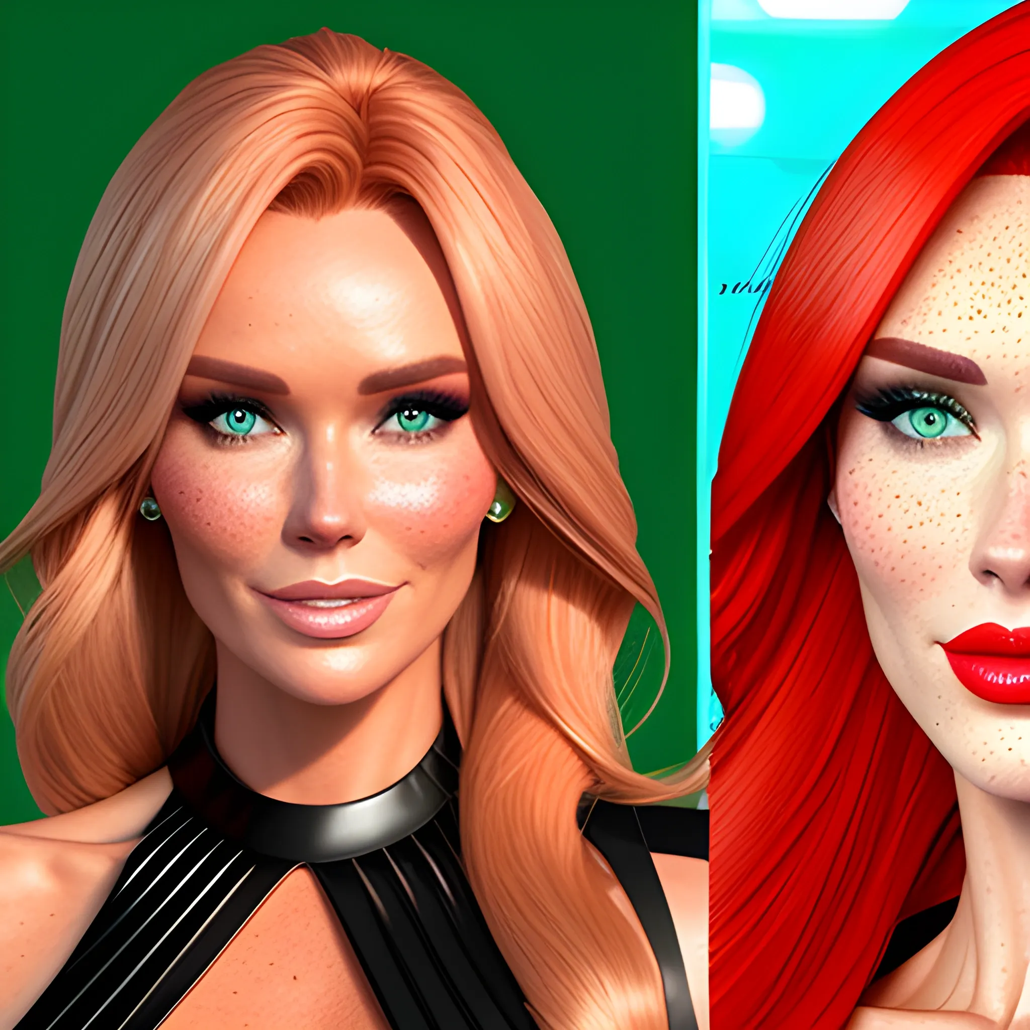 Amanda Holden / Shanina Shaik / Elsa Hosk face morph, 3D, red hair, green eyes, freckles, 90's mall background