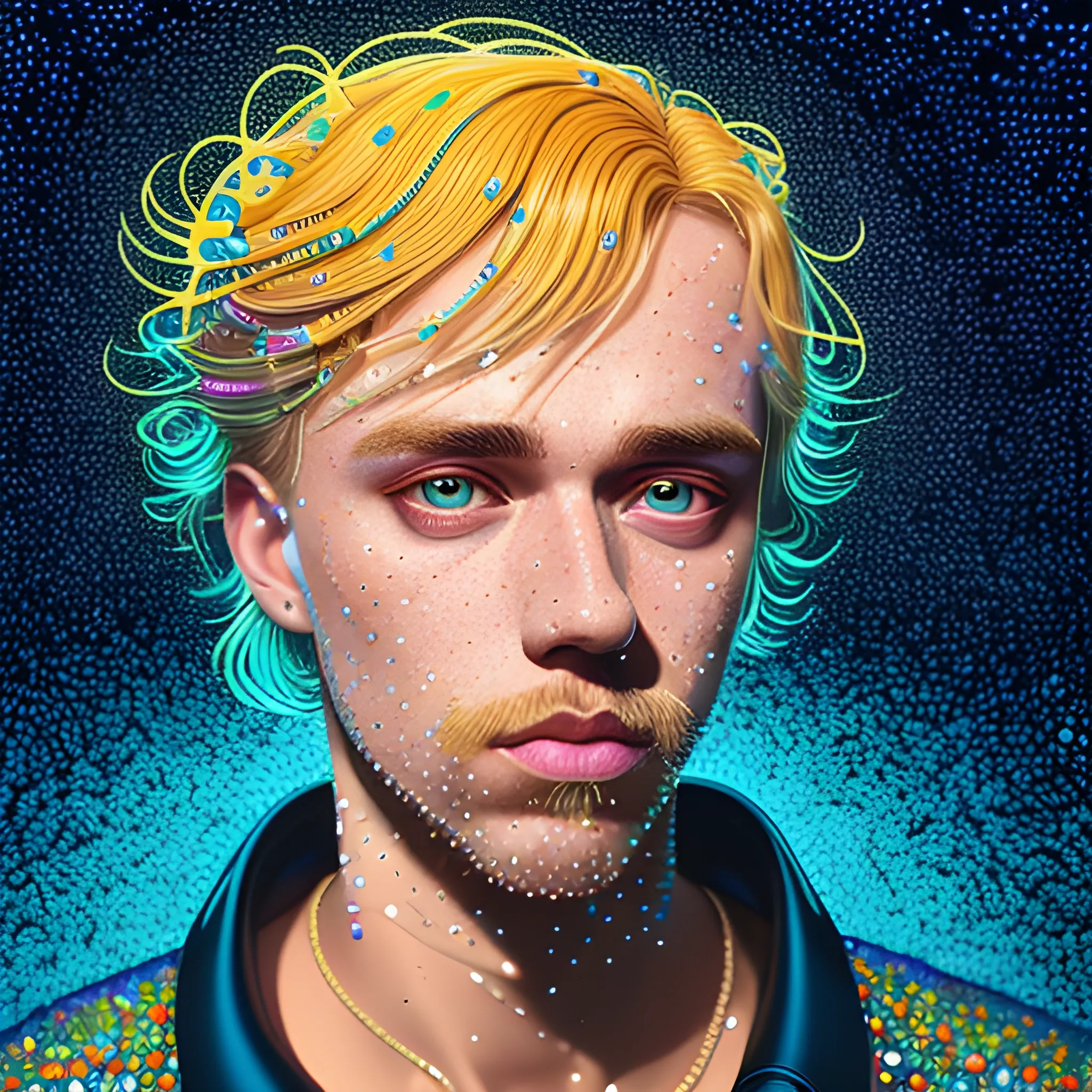 Estonian rapper Tommy Cash, his highly detailed handsome face, meticulously detailed blond hair; by James R. Eads, Fausto-Giurescu, Tania Rivilis, Dan Mumford; luminous colorful sparkles, glitter, airbrush, depth of field, volumetric lighting