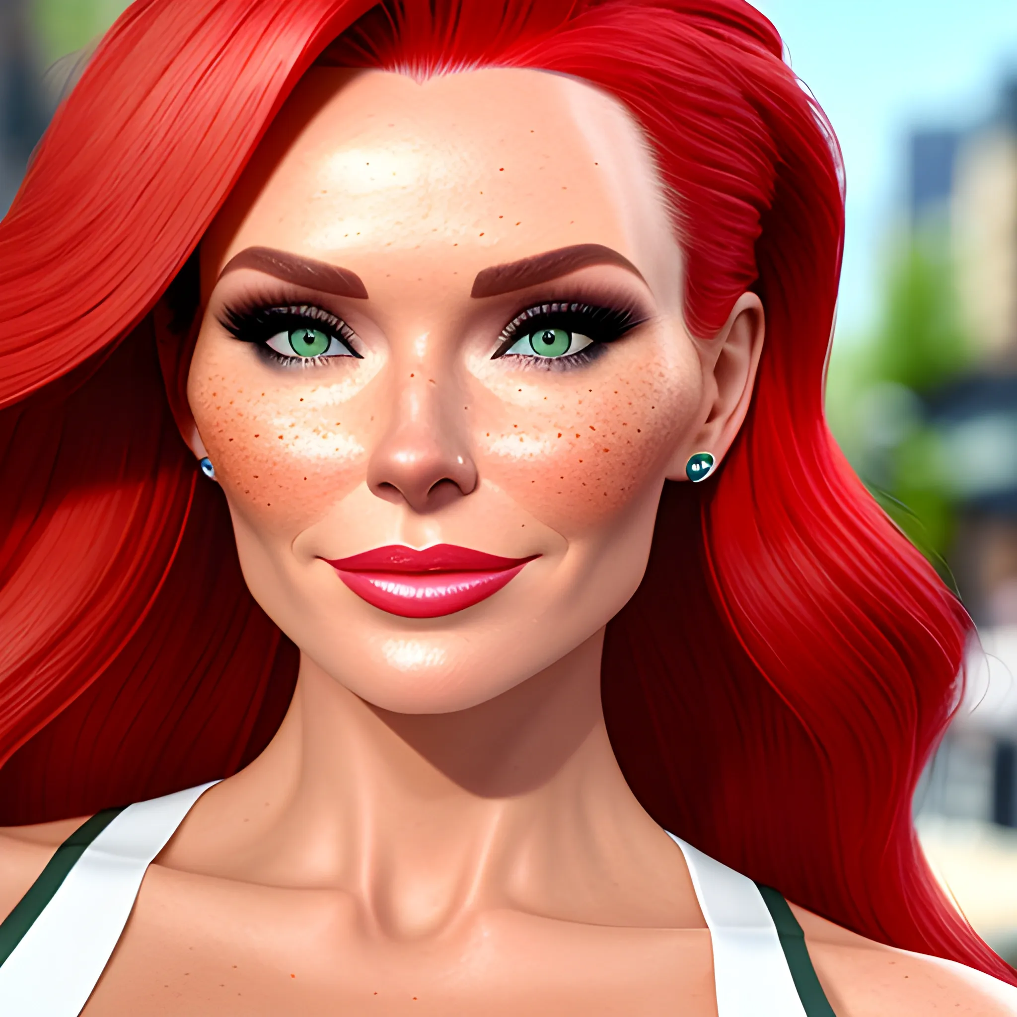 Amanda Holden / Shanina Shaik / Elsa Hosk face morph, 3D, red hair, green eyes, freckles, 90's mall background