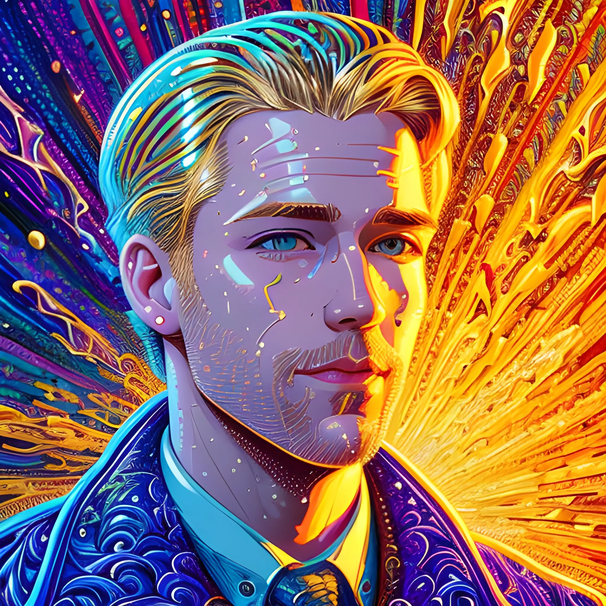 Tom MacDonald, his highly detailed handsome face, meticulously detailed blond hair; by James R. Eads, Fausto-Giurescu, Tania Rivilis, Dan Mumford; luminous colorful sparkles, glitter, airbrush, depth of field, volumetric lighting