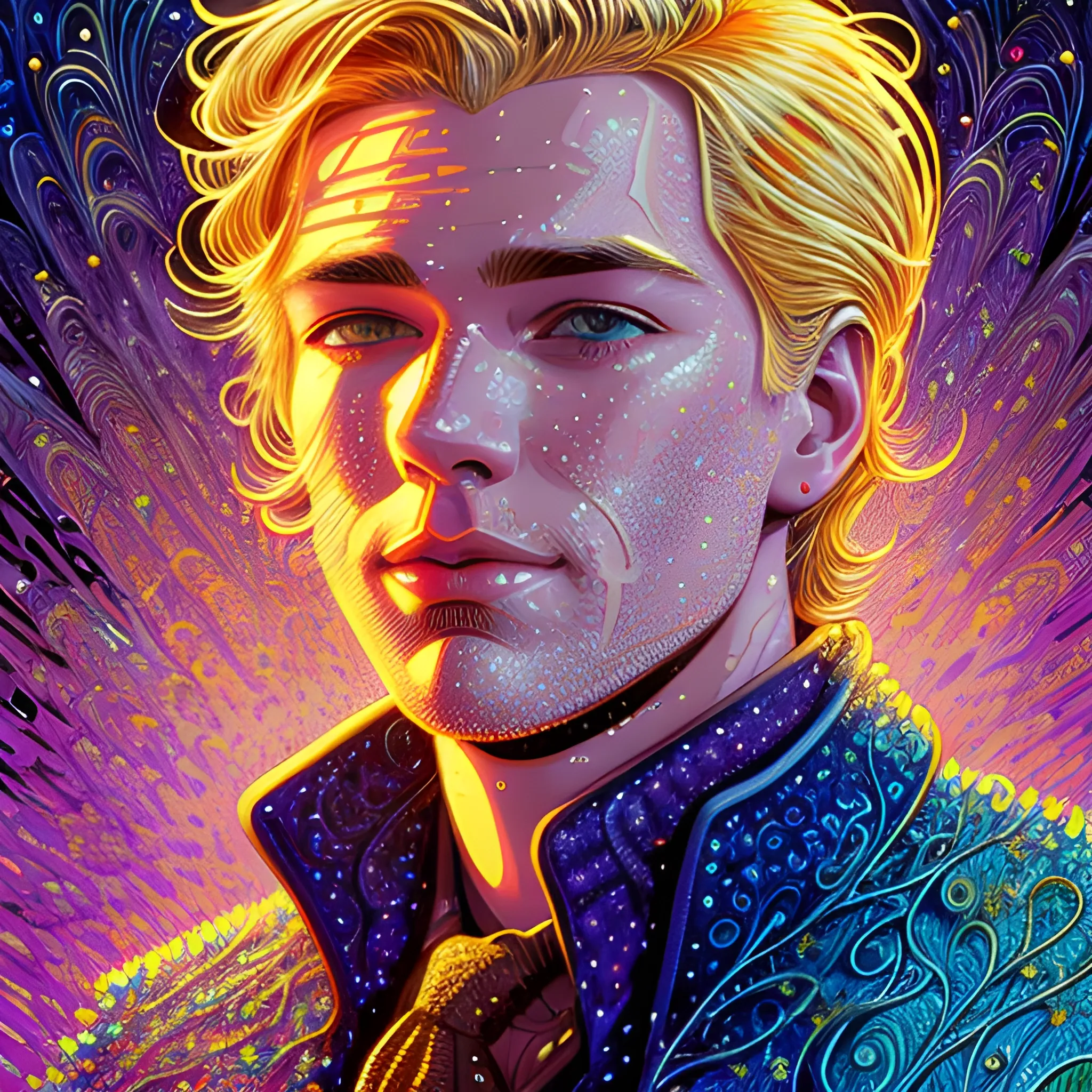 Tom MacDonald, his highly detailed handsome face, meticulously detailed blond hair; by James R. Eads, Fausto-Giurescu, Tania Rivilis, Dan Mumford; luminous colorful sparkles, glitter, airbrush, depth of field, volumetric lighting