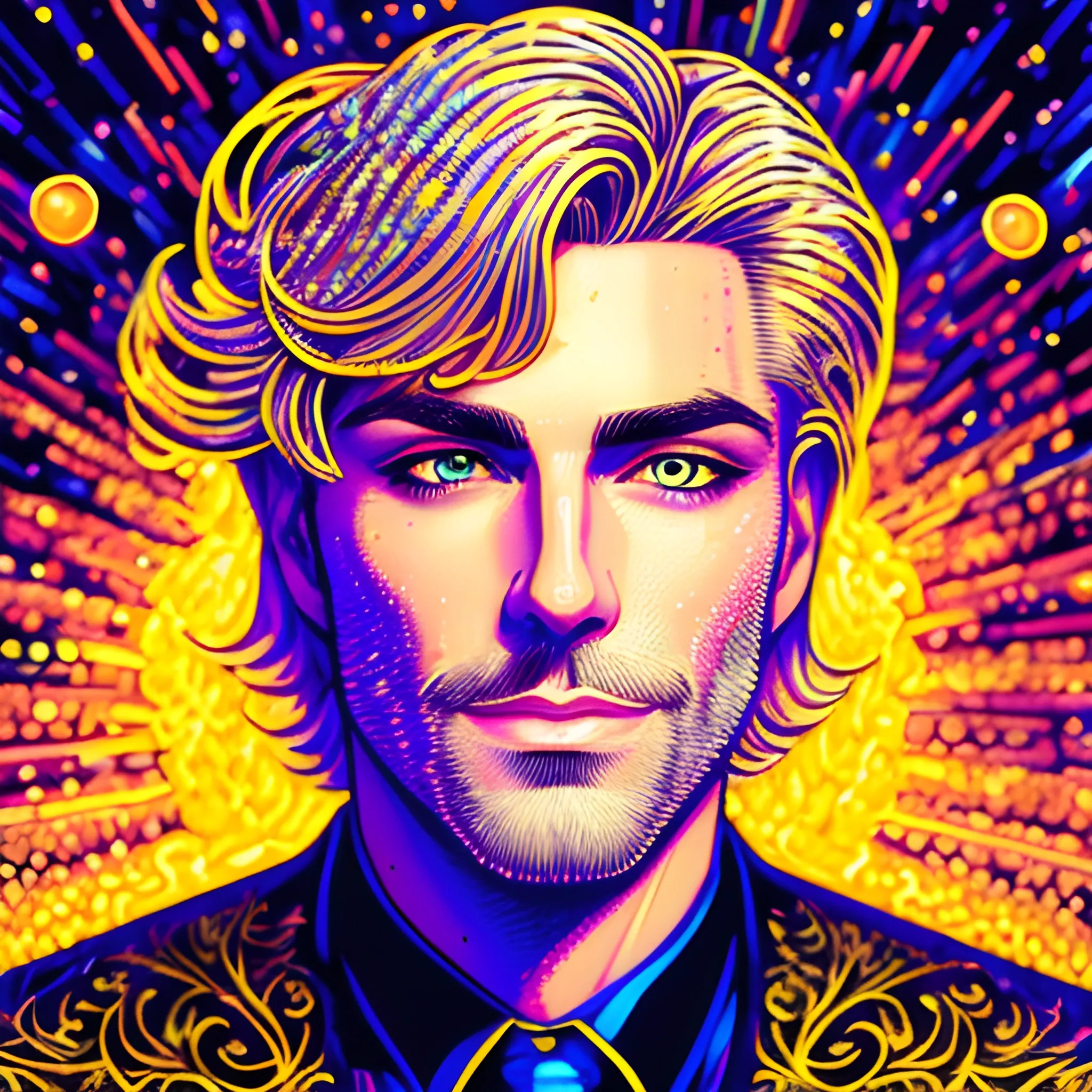 Kid Rock, his highly detailed handsome face, meticulously detailed blond hair; by James R. Eads, Fausto-Giurescu, Tania Rivilis, Dan Mumford; luminous colorful sparkles, glitter, airbrush, depth of field, volumetric lighting