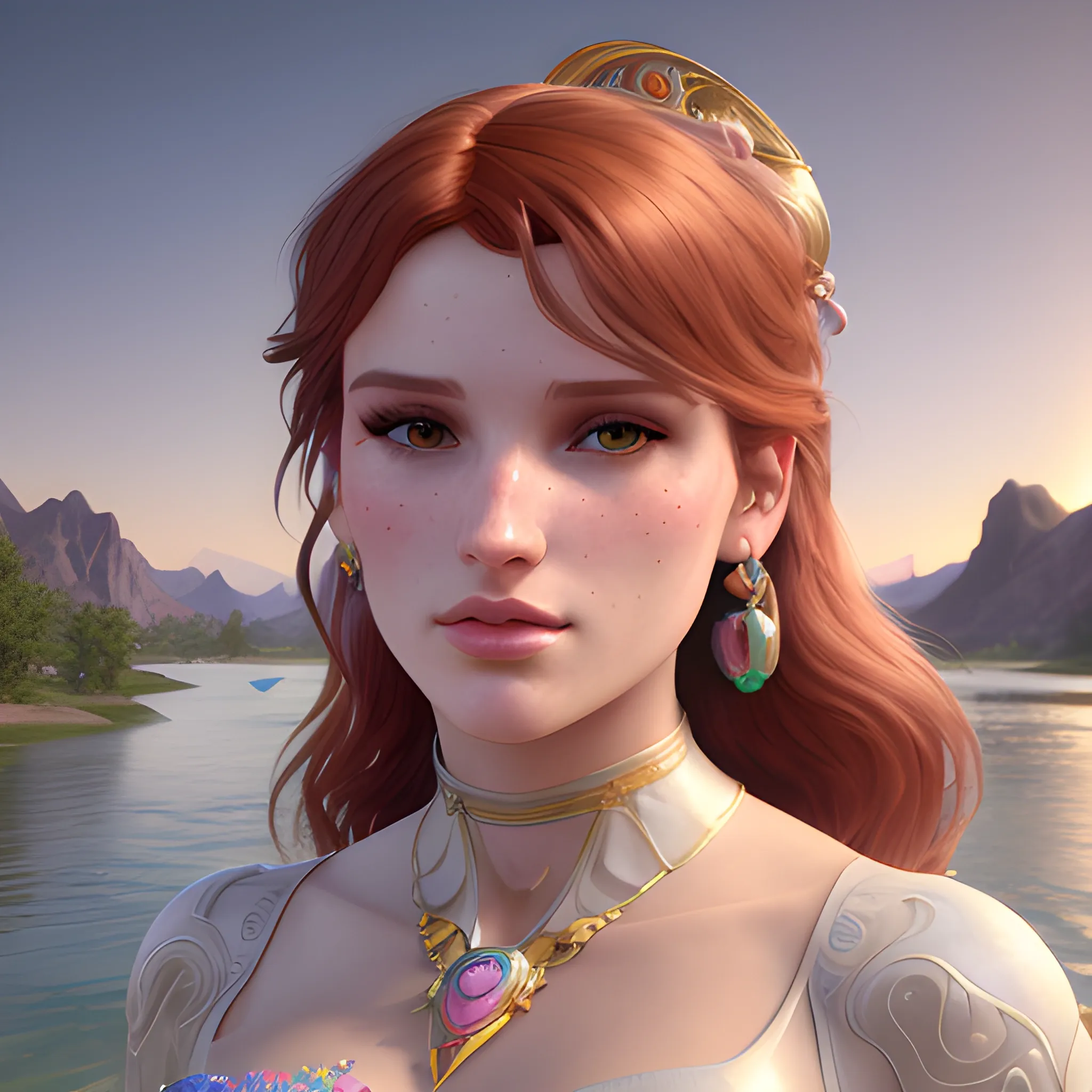 Bella Thorne by a river; highly detailed beautiful face; glitter, renaissance; high contrast, pastel, sorbet, pearlescent, Unreal Engine 5; by Dan Parent, Alphonse Mucha, Artgerm, WLOP, intricately detailed, fantasy, bizarre, beautiful, Chromolithography, Soft Shading, Unreal Engine; digital painting, smooth, sharp focus, illustration, art by lisa frank, Steve Goad, Frank Frazetta, William-Adolphe Bouguereau, Unreal Engine 5, Cartoon, 3D, Oil Painting, 3D