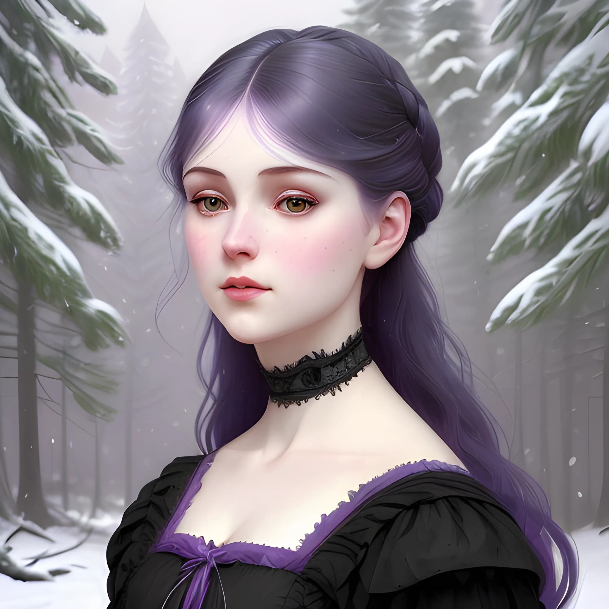 a pale woman with a highly detailed, perfect beautiful face, pale lavender eyes, meticulously detailed multi-hued black hair and a purple dress; background is a snowy riverbank with pine trees, it's snowing; digital painting, artstation; Lisa Frank, artgerm, Greg Rutkowski, William-Adolphe Bouguereau, renaissance, Unreal Engine 5