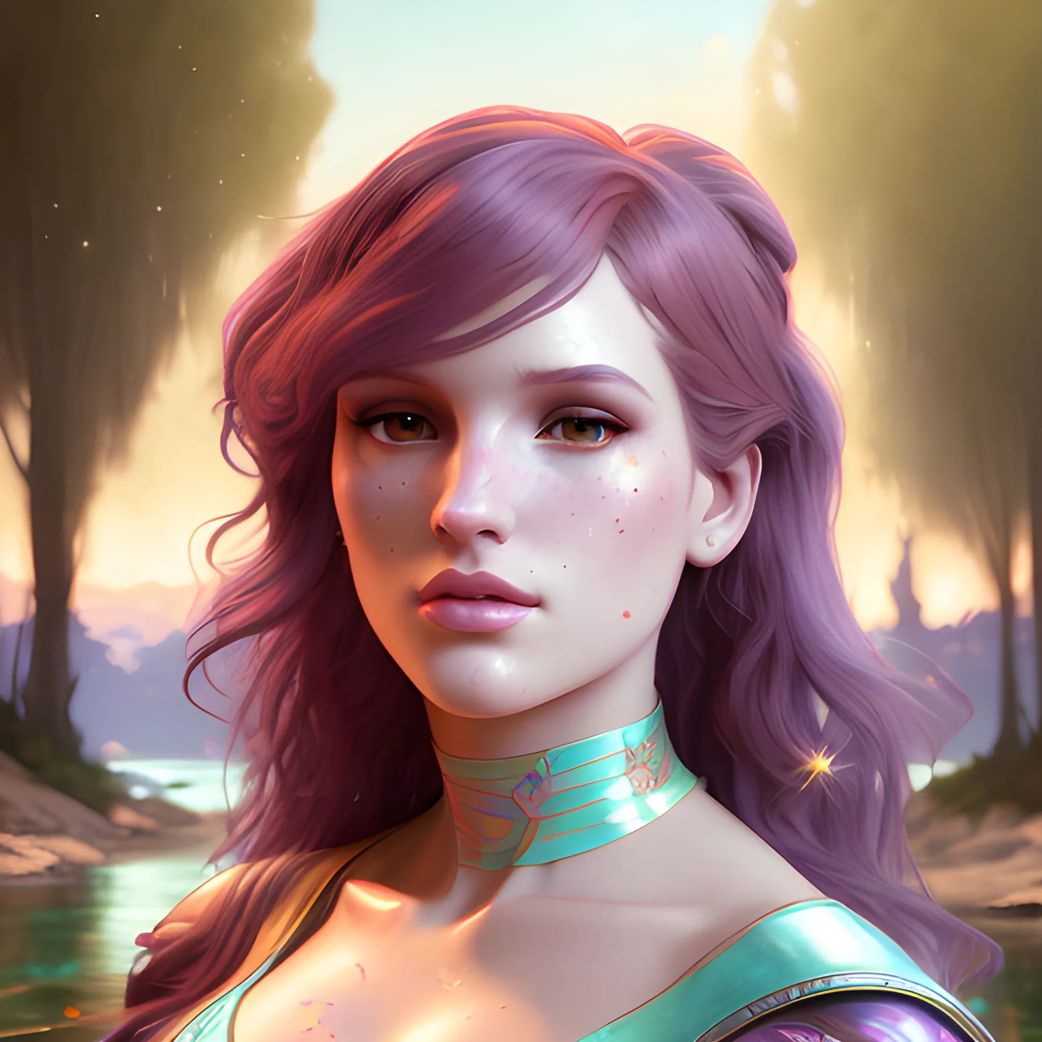 Bella Thorne by a river; highly detailed beautiful face; glitter, renaissance; high contrast, pastel, sorbet, pearlescent, Unreal Engine 5; by Dan Parent, Alphonse Mucha, Artgerm, WLOP, intricately detailed, fantasy, bizarre, beautiful, Chromolithography, Soft Shading, Unreal Engine; digital painting, smooth, sharp focus, illustration, art by lisa frank, Steve Goad, Frank Frazetta, William-Adolphe Bouguereau, Unreal Engine 5, Cartoon, 3D, Oil Painting, 3D