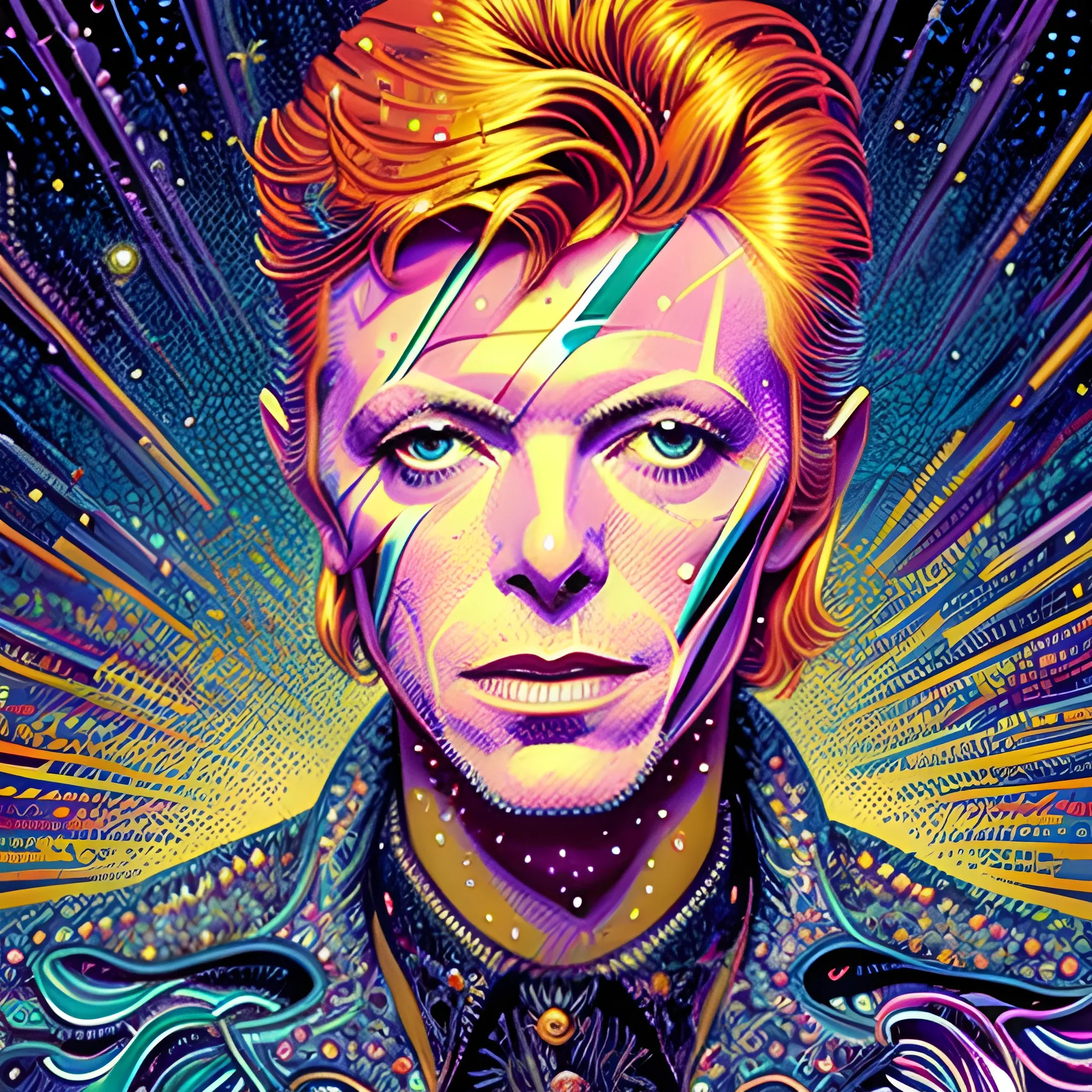 David Bowie, his highly detailed handsome face, meticulously detailed blond hair; by James R. Eads, Fausto-Giurescu, Tania Rivilis, Dan Mumford; luminous colorful sparkles, glitter, airbrush, depth of field, volumetric lighting