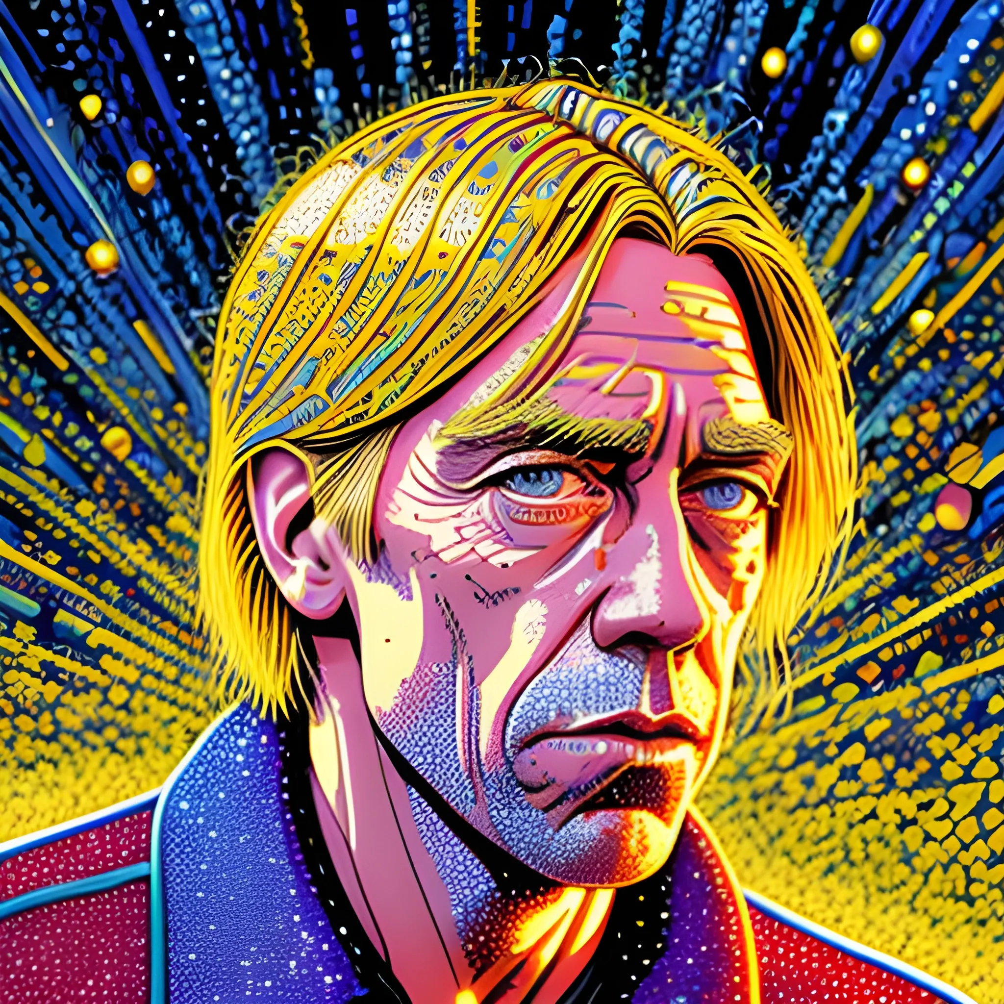 Iggy Pop, his highly detailed handsome face, meticulously detailed blond hair; by James R. Eads, Fausto-Giurescu, Tania Rivilis, Dan Mumford; luminous colorful sparkles, glitter, airbrush, depth of field, volumetric lighting