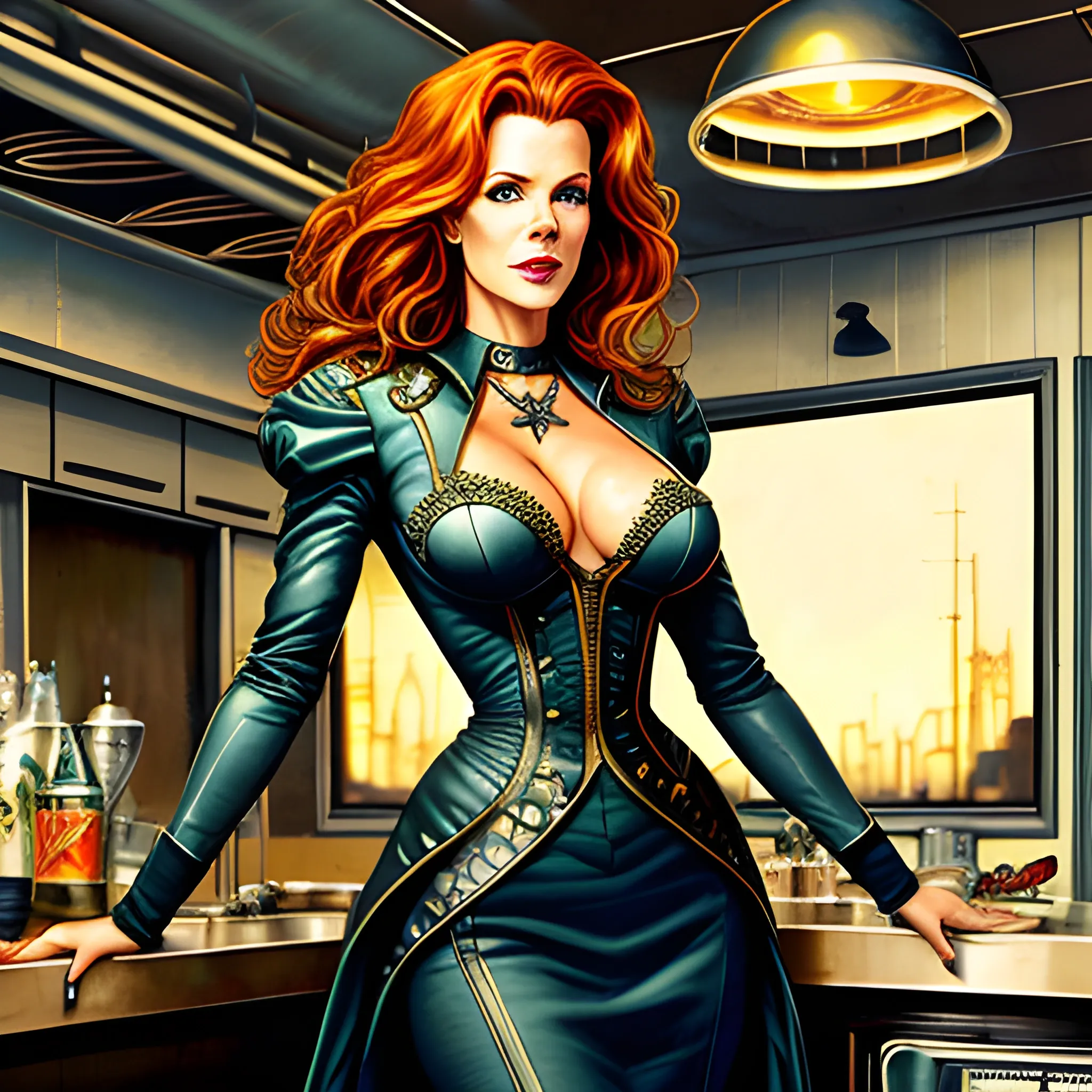 young Robyn Lively in a 50's diner, meticulously detailed eyes, perfect full-length body, perfect anatomy, her highly detailed face, meticulously detailed hair and clothes by artist "Aleksi Briclot" and Russ Mills, Dan Mumford, teen witch 