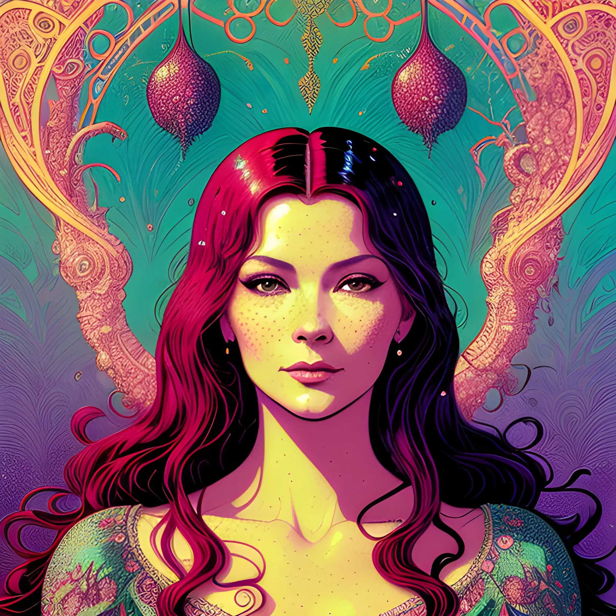 Catherine Zeta Jones; her highly detailed, softly freckled beautiful face, meticulously detailed multi-hued long hair, burgundy, berry wine and black, eldritch, macabre, by Stephen Gammell, Zdzislaw Beksinski; luminous color sparkles, Vintage Art, 8k resolution, art Nouveau poster; Alphonse Mucha, Artgerm, WLOP, Lisa Frank, James R. Eads, Illustration intricately detailed, Artstation, Chromolithography Soft Shading