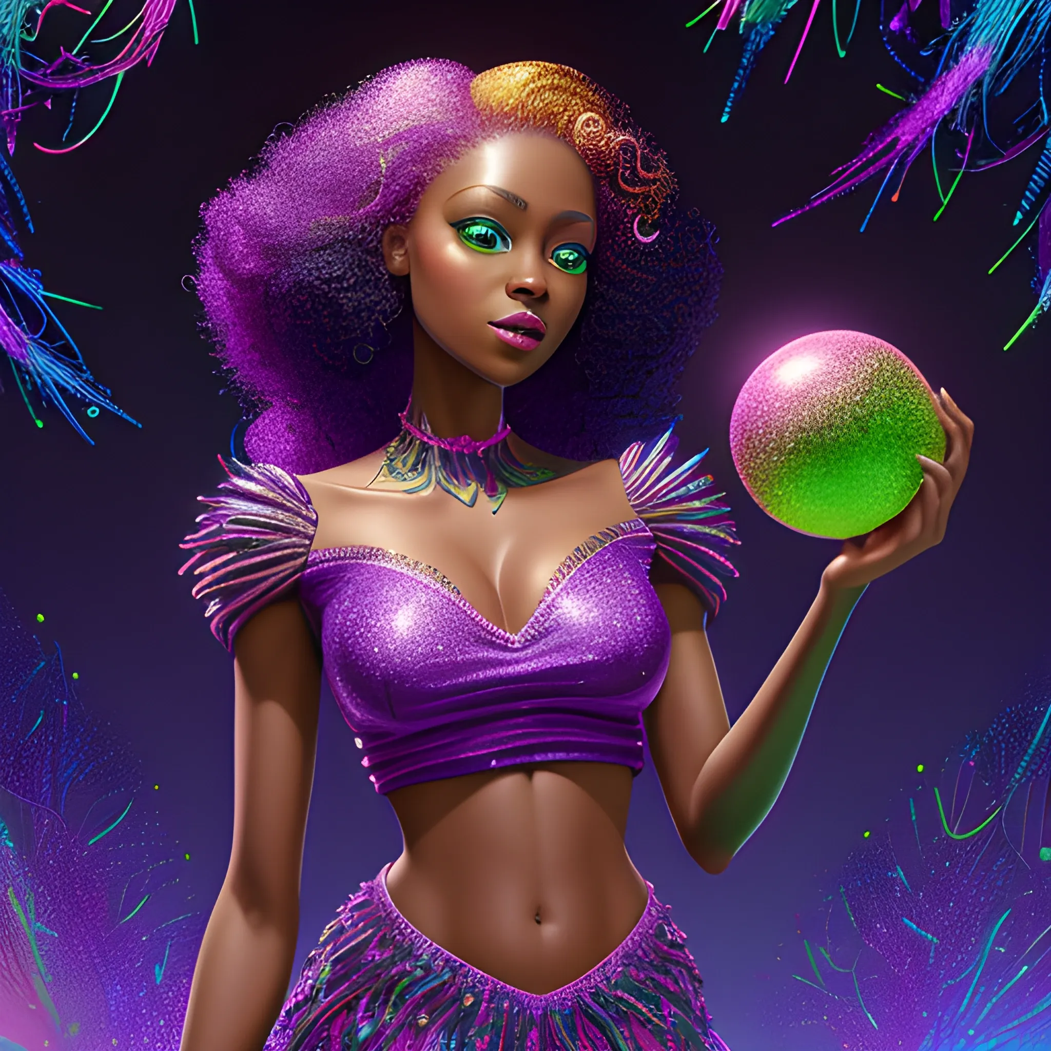 Charlotte Ayanna, perfect, anatomically correct perfect body, highly detailed beautiful face, green midriff dress, meticulously detailed multi-hued long dark curly hair, holding a purple ball in her hand; digital painting, smooth, sharp focus, colorful illustration, art by Lisa Frank, James R. Eads, artgerm and Maxfield Parrish; luminous color sparkles, glitter, neon, airbrush, Unreal Engine 5