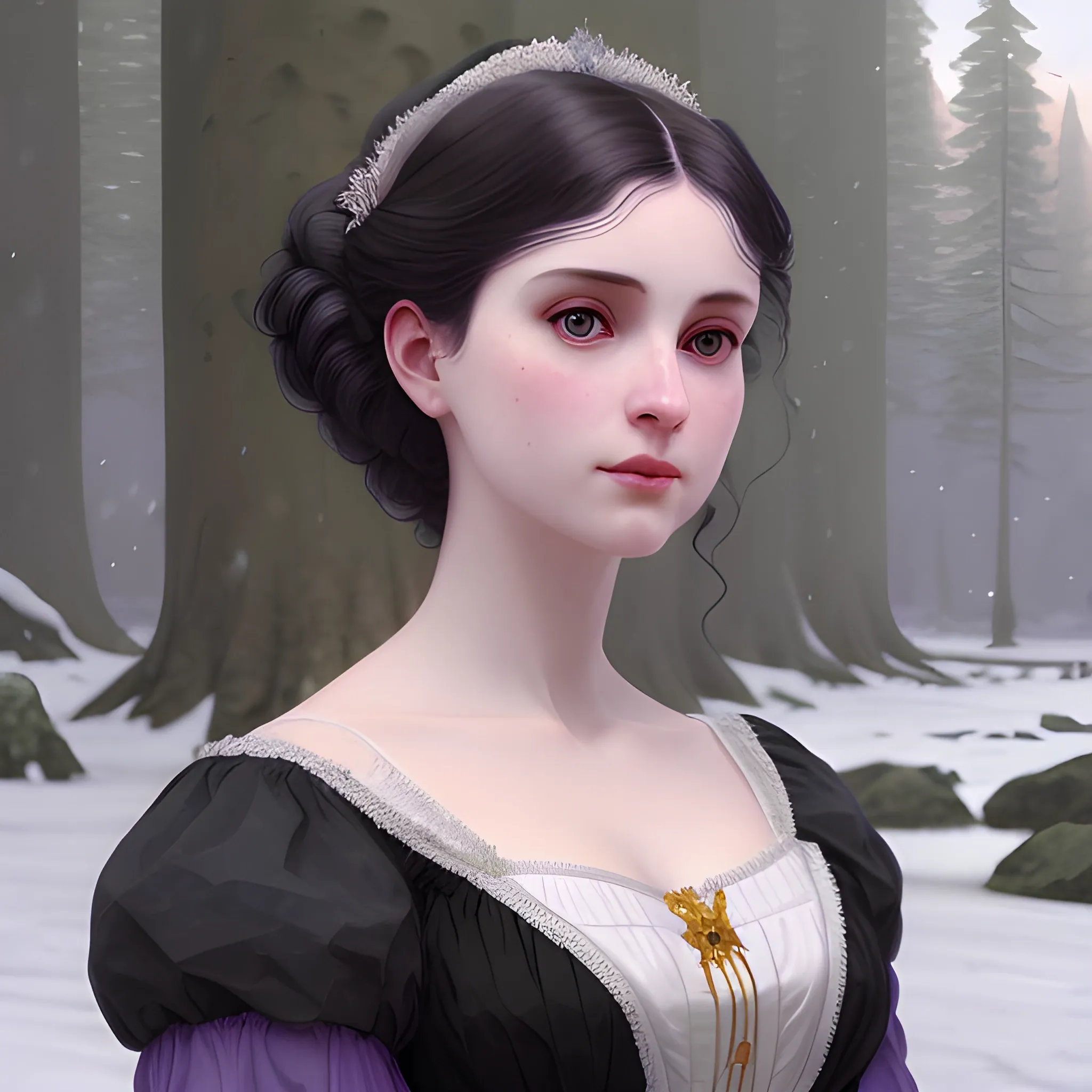 a pale woman with a highly detailed, perfect beautiful face, pale lavender eyes, meticulously detailed multi-hued black hair and a purple dress; royal, aristocratic, ruling class, dignified; background is a snowy riverbank with pine trees, it's snowing; digital painting, artstation; Lisa Frank, artgerm, Greg Rutkowski, William-Adolphe Bouguereau, renaissance, Unreal Engine 5