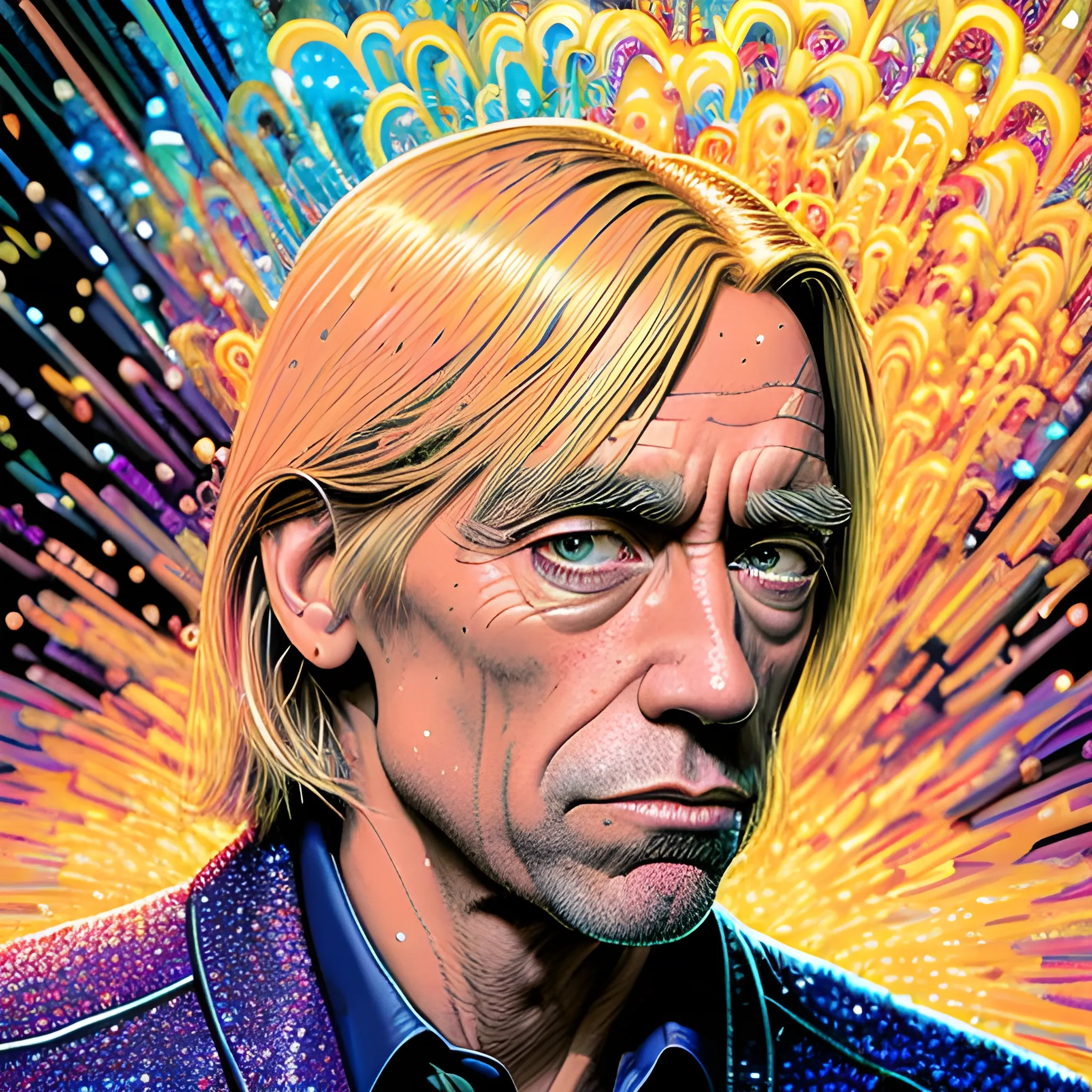 Iggy Pop, his highly detailed handsome face, meticulously detailed blond hair; by James R. Eads, Fausto-Giurescu, Tania Rivilis, Dan Mumford; luminous colorful sparkles, glitter, airbrush, depth of field, volumetric lighting
