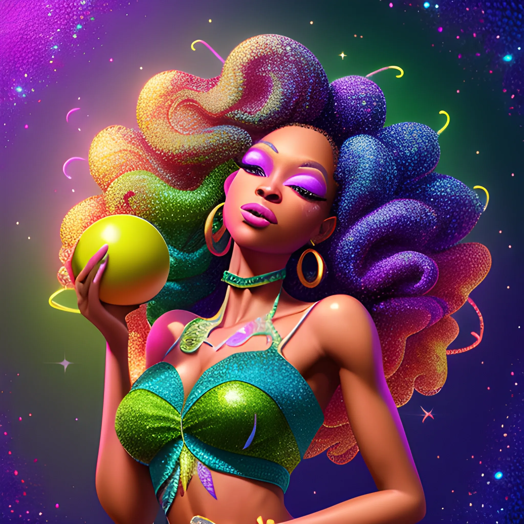 Charlotte Ayanna, perfect, anatomically correct perfect body, highly detailed beautiful face, green midriff dress, meticulously detailed multi-hued long dark curly hair, holding a purple ball in her hand; digital painting, smooth, sharp focus, colorful illustration, art by Lisa Frank, James R. Eads, artgerm and Maxfield Parrish; luminous color sparkles, glitter, neon, airbrush, Unreal Engine 5