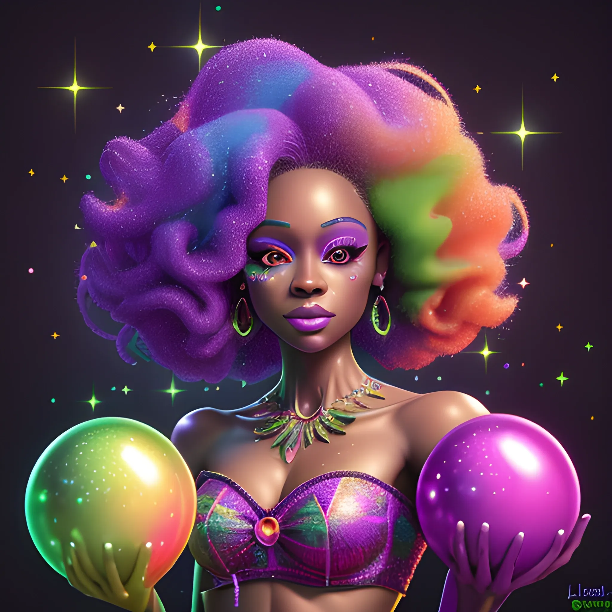 Charlotte Ayanna, perfect, anatomically correct perfect body, highly detailed beautiful face, green midriff dress, meticulously detailed multi-hued long dark curly hair, holding a purple ball in her hand; digital painting, smooth, sharp focus, colorful illustration, art by Lisa Frank, James R. Eads, artgerm and Maxfield Parrish; luminous color sparkles, glitter, neon, airbrush, Unreal Engine 5