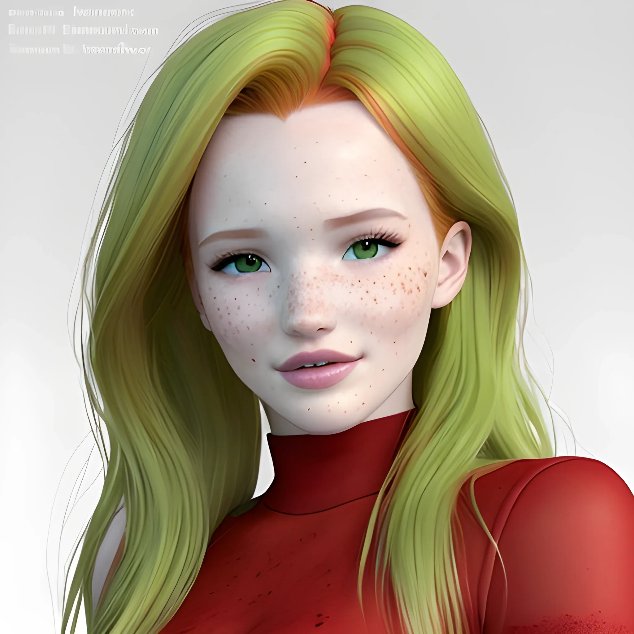 Bella Thorne / Dove Cameron face morph, 3D, red hair, green eyes, freckles
