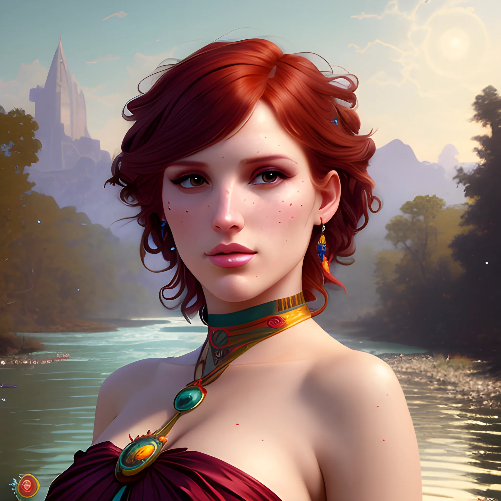 Bella Thorne by a river; blazing dark red hair; highly detailed beautiful face; glitter, renaissance; high contrast, pastel, sorbet, pearlescent, Unreal Engine 5; by Dan Parent, Alphonse Mucha, Artgerm, WLOP, intricately detailed, fantasy, bizarre, beautiful, Chromolithography, Soft Shading, Unreal Engine; digital painting, smooth, sharp focus, illustration, art by lisa frank, Steve Goad, Frank Frazetta, William-Adolphe Bouguereau, Unreal Engine 5, Cartoon, 3D, Oil Painting, 3D