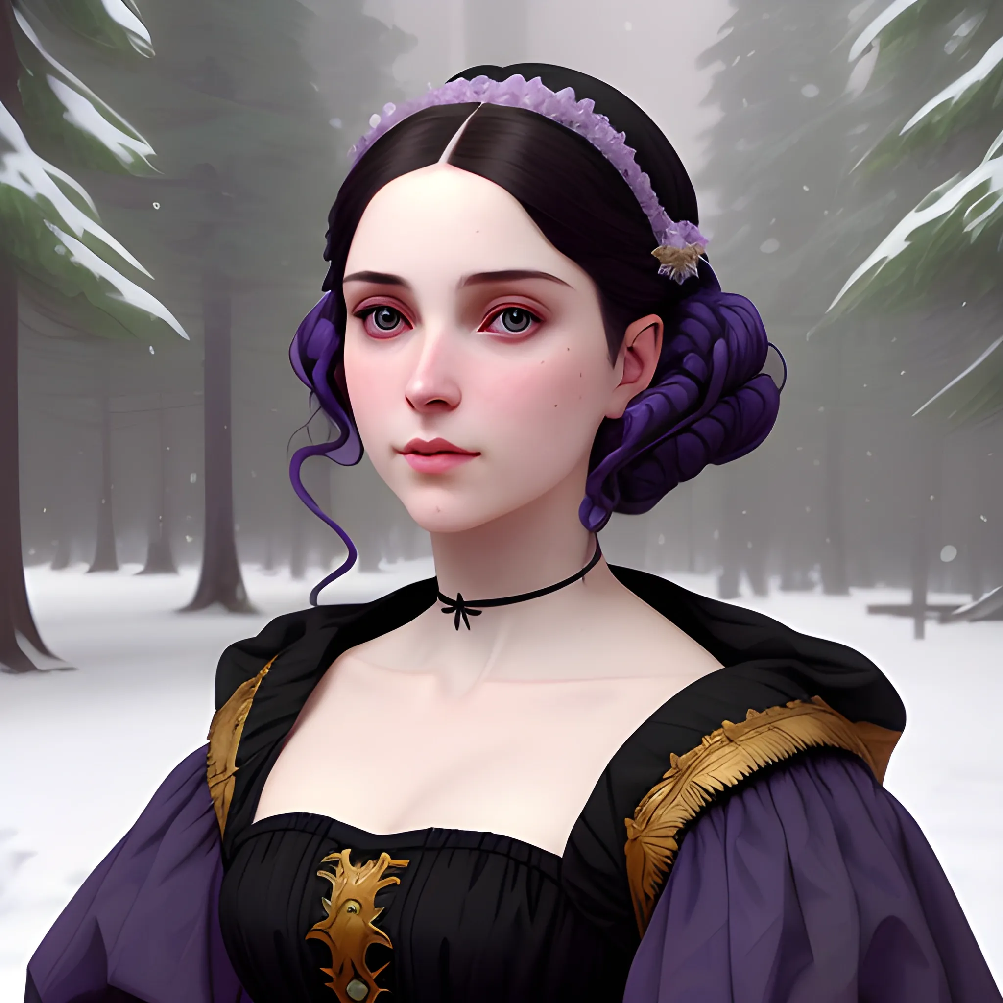 a pale woman with a highly detailed, perfect beautiful face, pale lavender eyes, meticulously detailed multi-hued black hair and a purple dress; royal, aristocratic, ruling class, dignified; background is a snowy riverbank with pine trees, it's snowing; digital painting, artstation; Lisa Frank, artgerm, Greg Rutkowski, William-Adolphe Bouguereau, renaissance, Unreal Engine 5