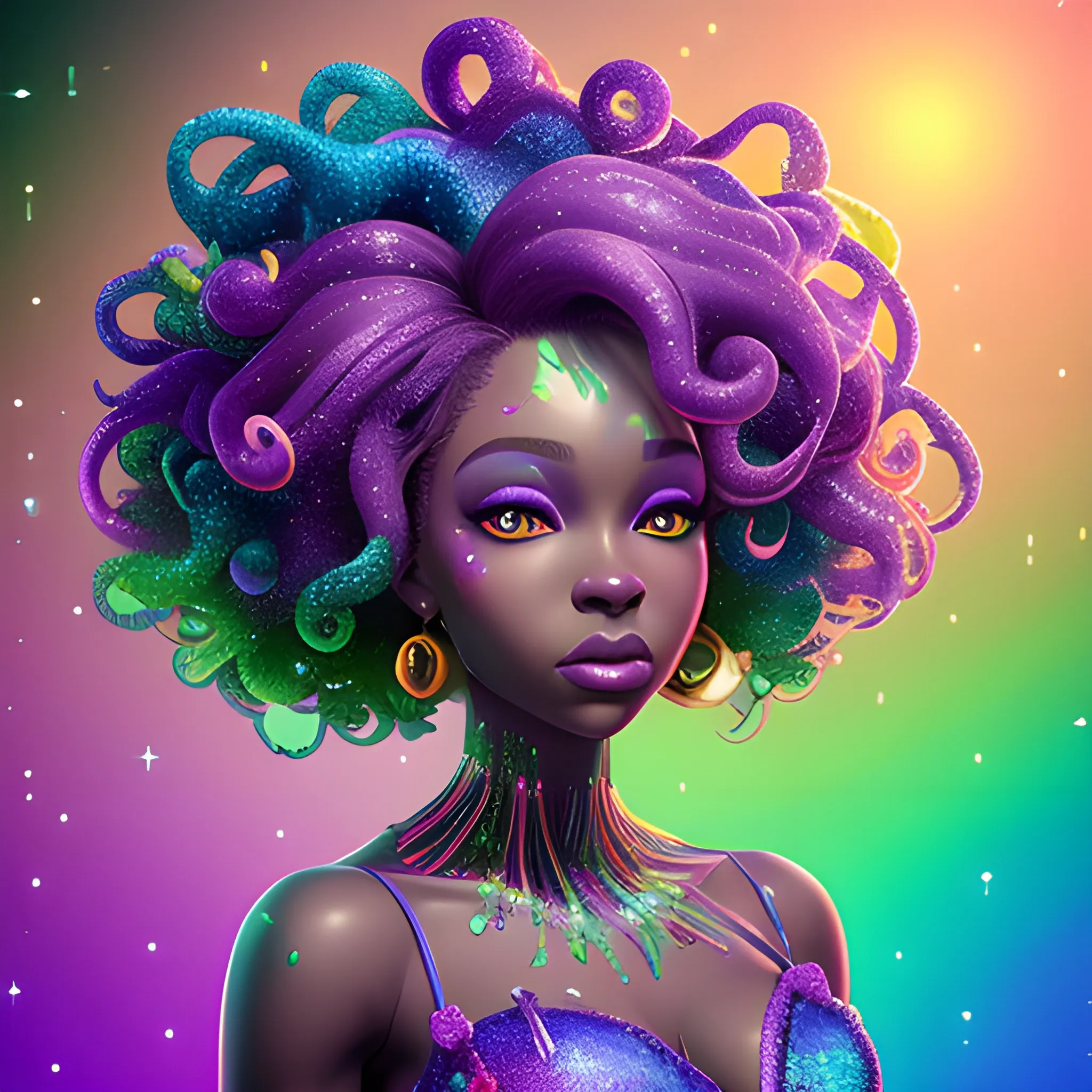 Charlotte Ayanna, perfect, anatomically correct perfect body, highly detailed beautiful face, green midriff dress, meticulously detailed multi-hued long dark curly hair, holding a purple ball in her hand; digital painting, smooth, sharp focus, colorful illustration, art by Lisa Frank, James R. Eads, artgerm and Maxfield Parrish; luminous color sparkles, glitter, neon, airbrush, Unreal Engine 5