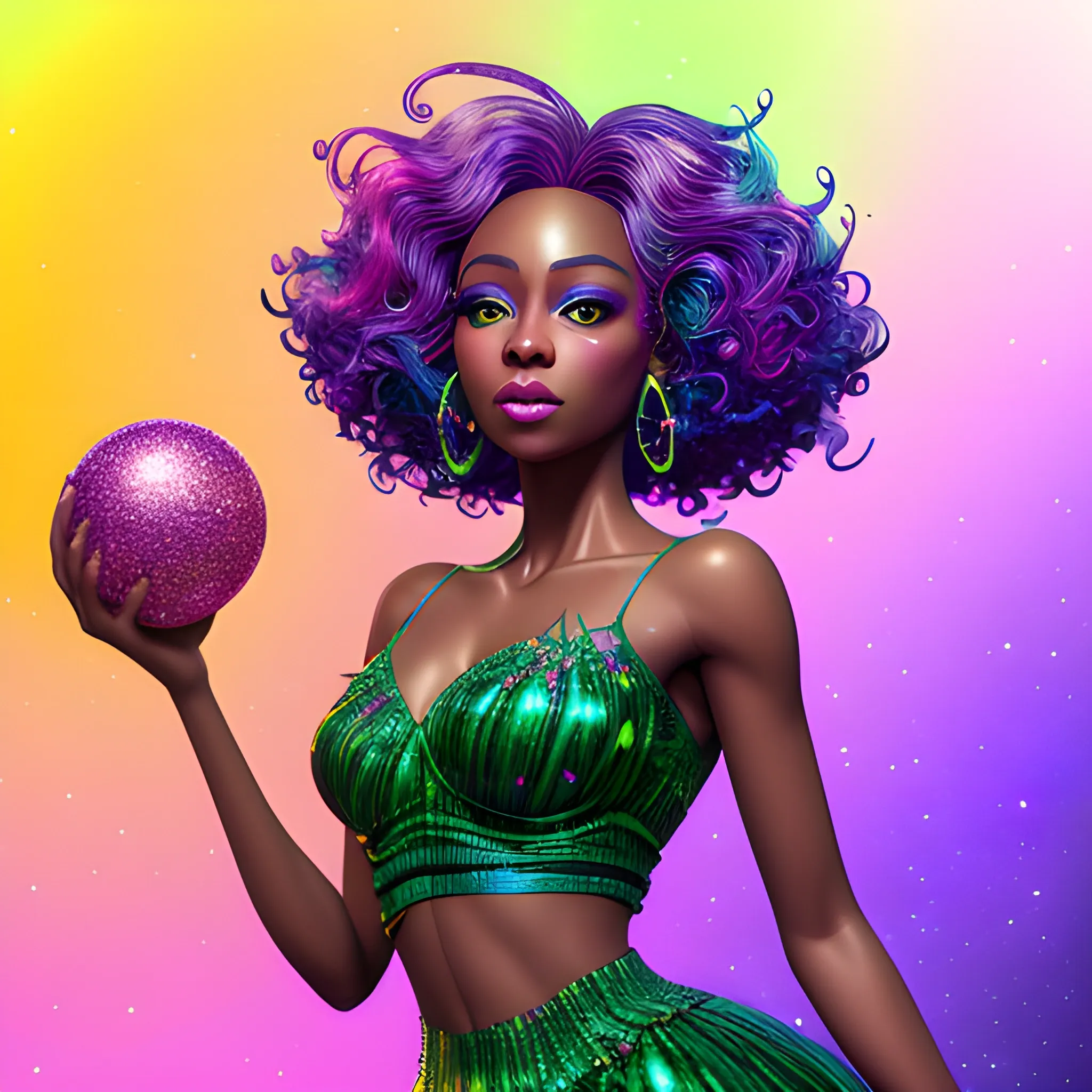 Charlotte Ayanna, perfect, anatomically correct perfect body, highly detailed beautiful face, green midriff dress, meticulously detailed multi-hued long dark curly hair, holding a purple ball in her hand; digital painting, smooth, sharp focus, colorful illustration, art by Lisa Frank, James R. Eads, artgerm and Maxfield Parrish; luminous color sparkles, glitter, neon, airbrush, Unreal Engine 5