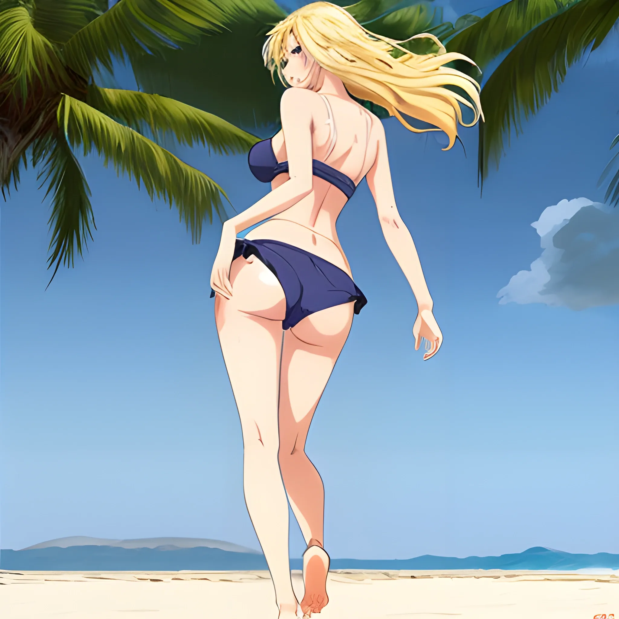 create a woman with top running in the beach with panties, is blonde with big tits, long legs, wide rear, the draw is in style manga
