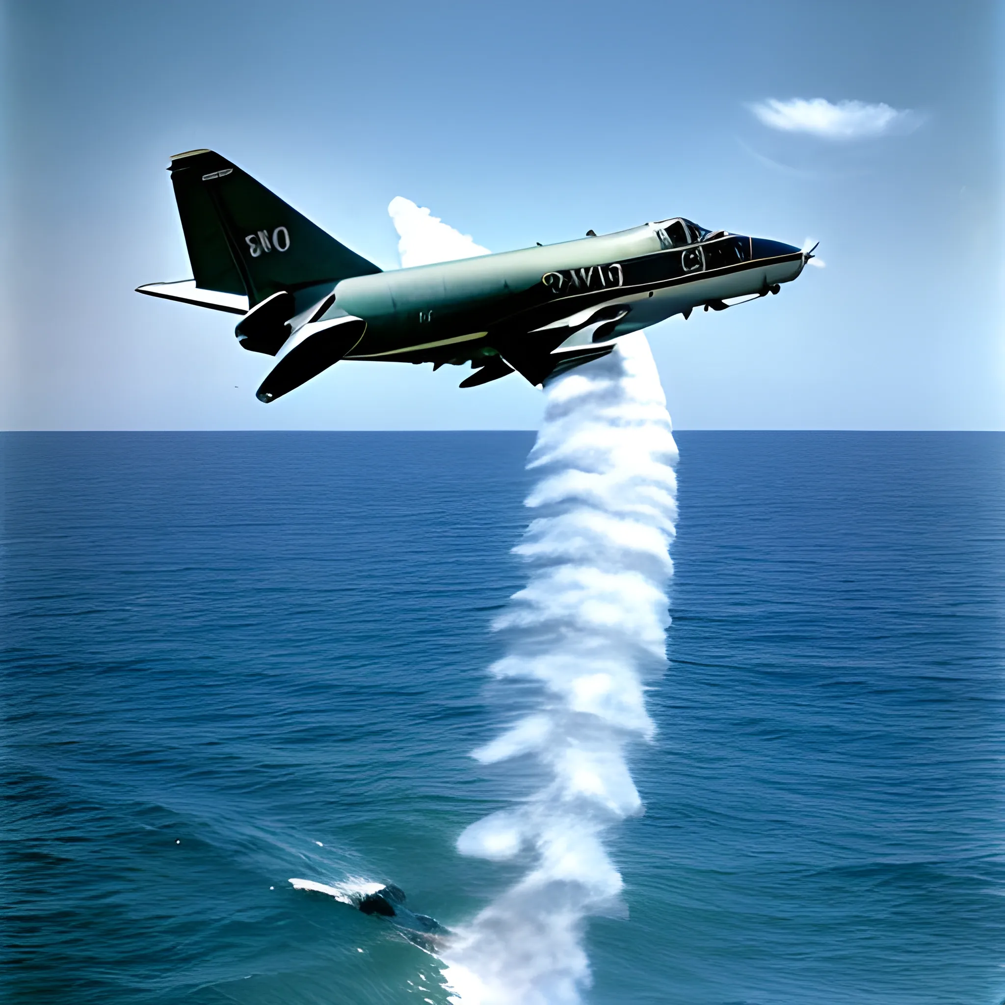 a c-101 jet flying very close to the sea, quality photo
