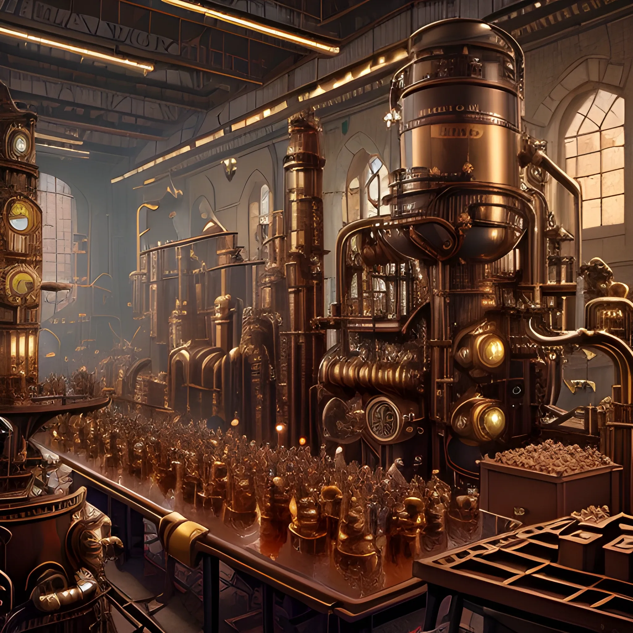 8k, Masterpiece, steampunk chocolate factory overflowing with liquid chocolate, chocolate assembly lines, matte, award-winning, cinematic quality, photorealism