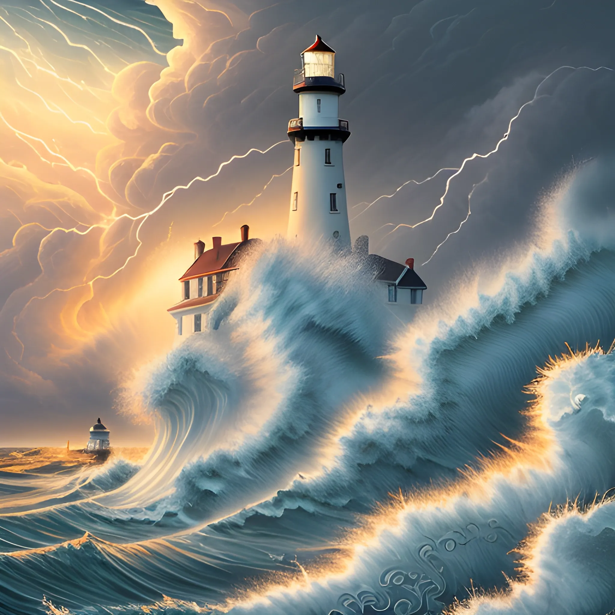 Highly detailed illustration of the beautiful lighthouse in an extraordinary and surreal scene in a chaotic seascape, high waves of vast waves colliding with realistic wildness in the background, a boat is being tossed around, lightning and swirls of wind in a sky that enhances the drama of the storm, shining sun turns the clouds yellow and orange