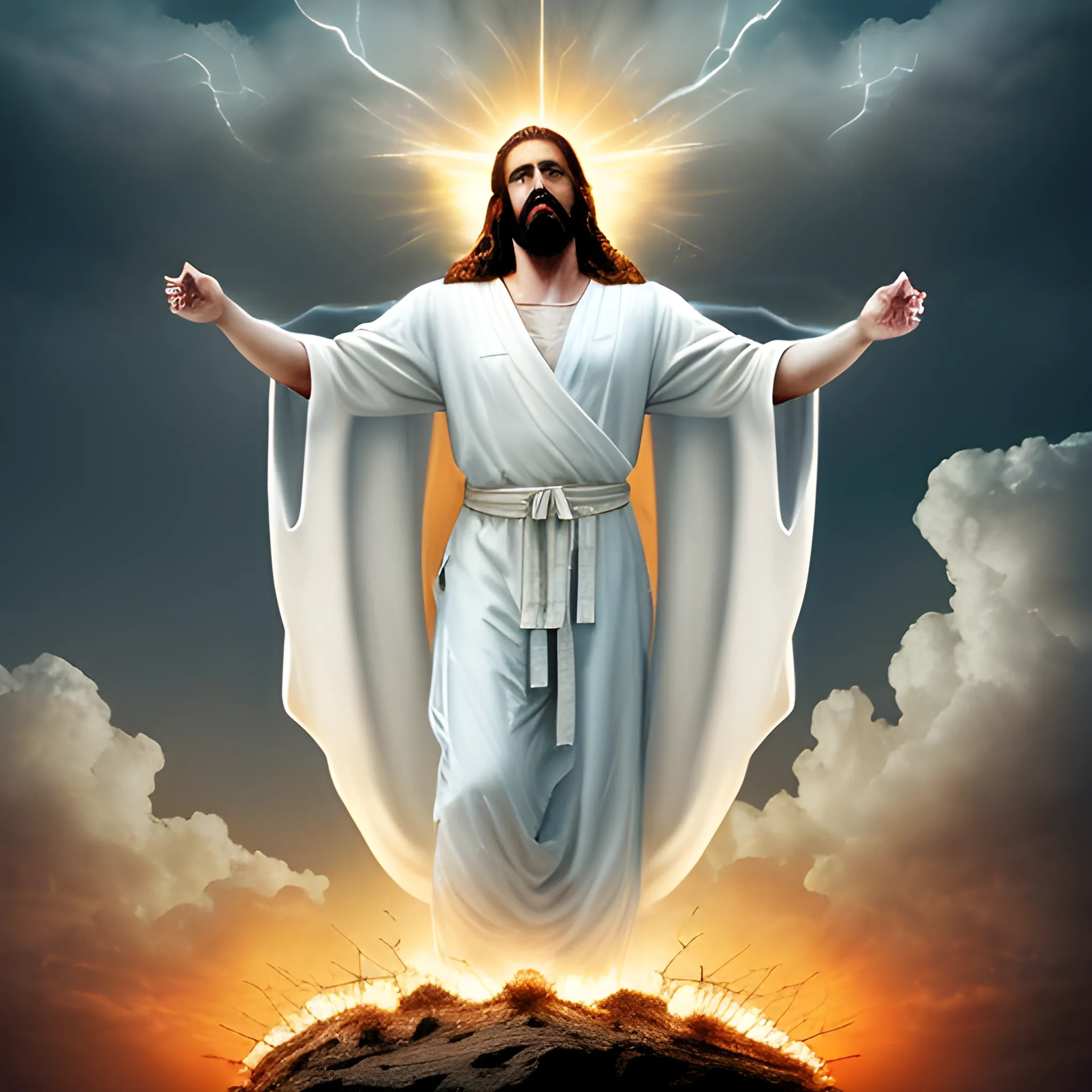 Angels in white robes in the clouds, crucified Jesus, 4k, A Jesus Christ with crown of thorns on his head, looking at camera, nailed to the cross, pointing to the sky with lightning, handsome man, standing with a beautiful face, show 8k, celestial clouds, religious decorations, fire, rays, darkness