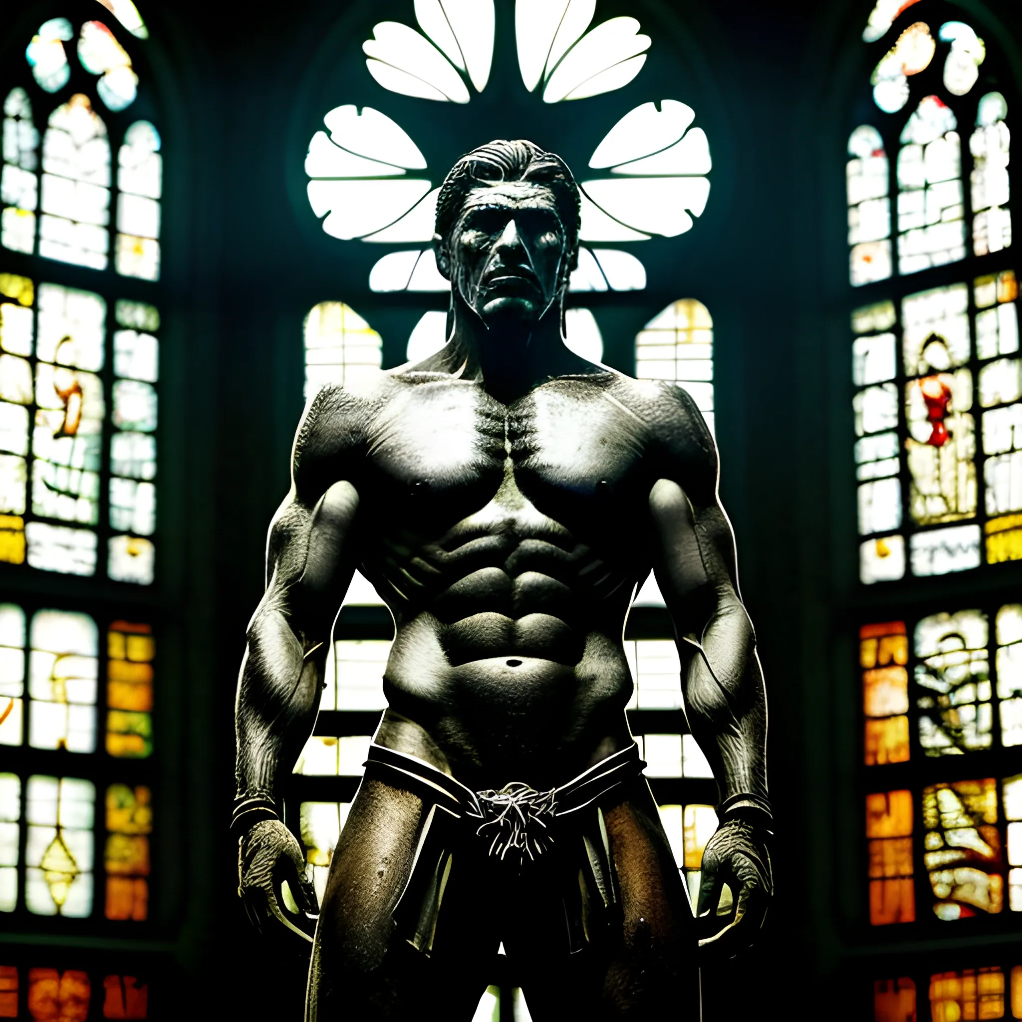 The stained glass artwork depicts a brooding male angel, bound by weighty chains that shackle him to the cold walls of a dimly lit prison. His majestic wings, though large and expansive, bear the scars of hardship, with feathers that are frayed and disheveled, suggesting a history of struggle and loss. The angel's physique is sculpted, each muscle etched with the tale of a warrior's might now subdued by his captivity. His attire is scant, reminiscent of an ancient battler's wear, dark and ragged at the edges, hinting at the vestiges of his once noble standing.

His face is marked by an expression of profound resignation; his eyes, deep-set and shadowed, are pools of unresolved sorrow, speaking to an internal anguish that transcends his physical imprisonment. The prison that confines him is only just permeable to the light, which trickles through the high, barred windows to cast long, forlorn shadows across his figure. The colors chosen for the stained glass are deliberately subdued, with a palette of grays, blues, and the somber blacks that dominate, creating an atmosphere of isolation and despair.

This visual narrative crafted in stained glass does not just encase the angel in a physical cell, but also encapsulates the poignant beauty of his tragic state, offering viewers a powerful image that contemplates themes of struggle, downfall, and the quest for redemption. 