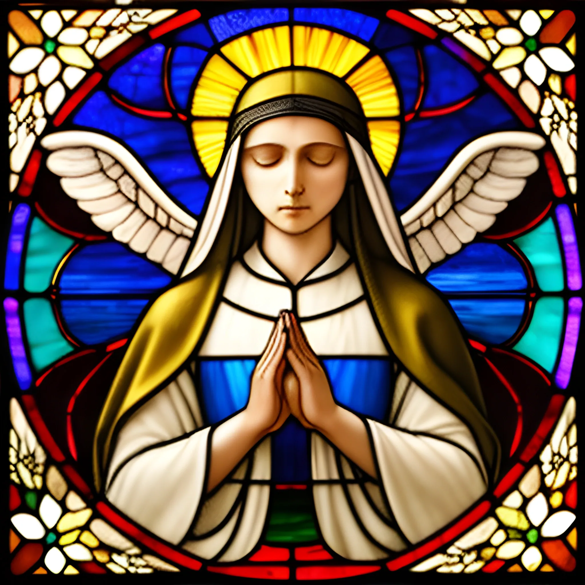 The image portrays a solemn and serene nun in prayer, captured in the timeless beauty of a stained glass artwork. She stands at the center, her eyes gently closed and hands devoutly clasped, embodying a deep spiritual reverence. Her traditional habit flows gracefully, detailed with folds and shadows that add to the realism of the portrayal. Behind her, a halo of golden light radiates, symbolizing her holy devotion.

Above and around her, angels descend gently from the heavens, their wings outstretched and adorned with an array of soft, pastel colors that give a sense of their ethereal and divine nature. Each angel carries an aura of peace and benevolence, contributing to the sanctity of the scene. The background features a lush landscape with hints of a sunrise or sunset on the horizon, suggesting the promise of hope and renewal. The stained glass divides light and color into intricate patterns, with lead lines meticulously defining every detail, from the angels' feathers to the nun's contemplative expression. The bottom of the artwork is adorned with floral motifs, adding an element of earthly beauty to the celestial theme. This stained glass masterpiece evokes a sense of tranquility and divine grace, perfect for inspiring contemplation and reverence., Pencil Sketch