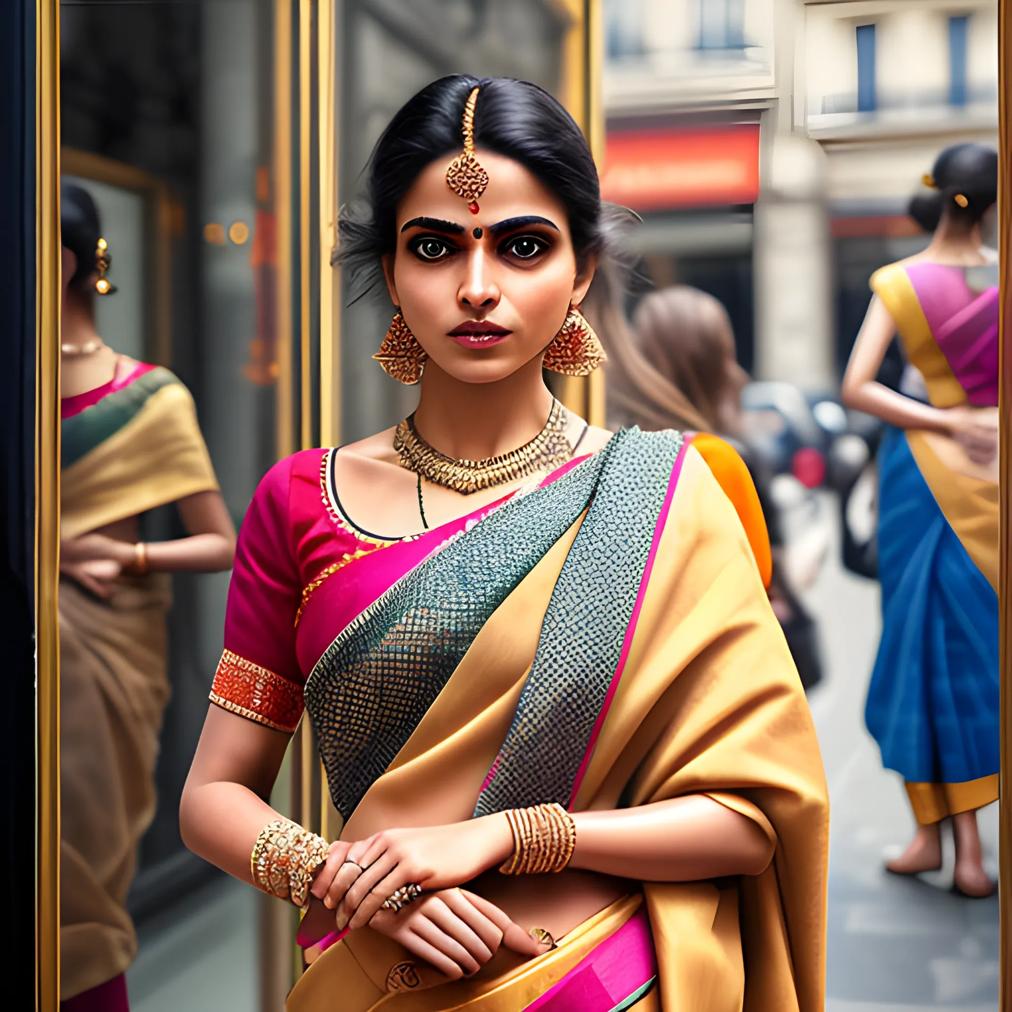 (best quality, masterpiece, ultra-detailed, 32k:1.2), fashion photography by the sartorialist, candid street shot, Paris, stylish female model standing outside a store, wearing Indian Traditional Saree, her reflections can be seen on the store windows, afternoon, vibrant, natural light