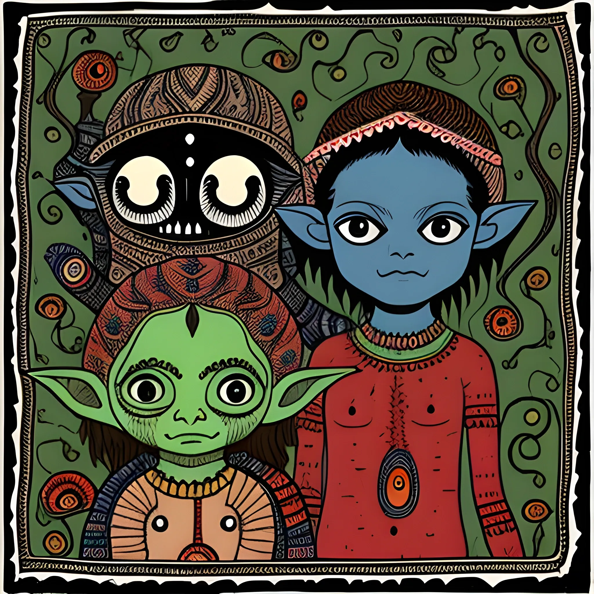 Encapsulation Sibling Adventure: into the deep goblin caves, dark ambiance, lurking horror, in the style of Madhubani painting,