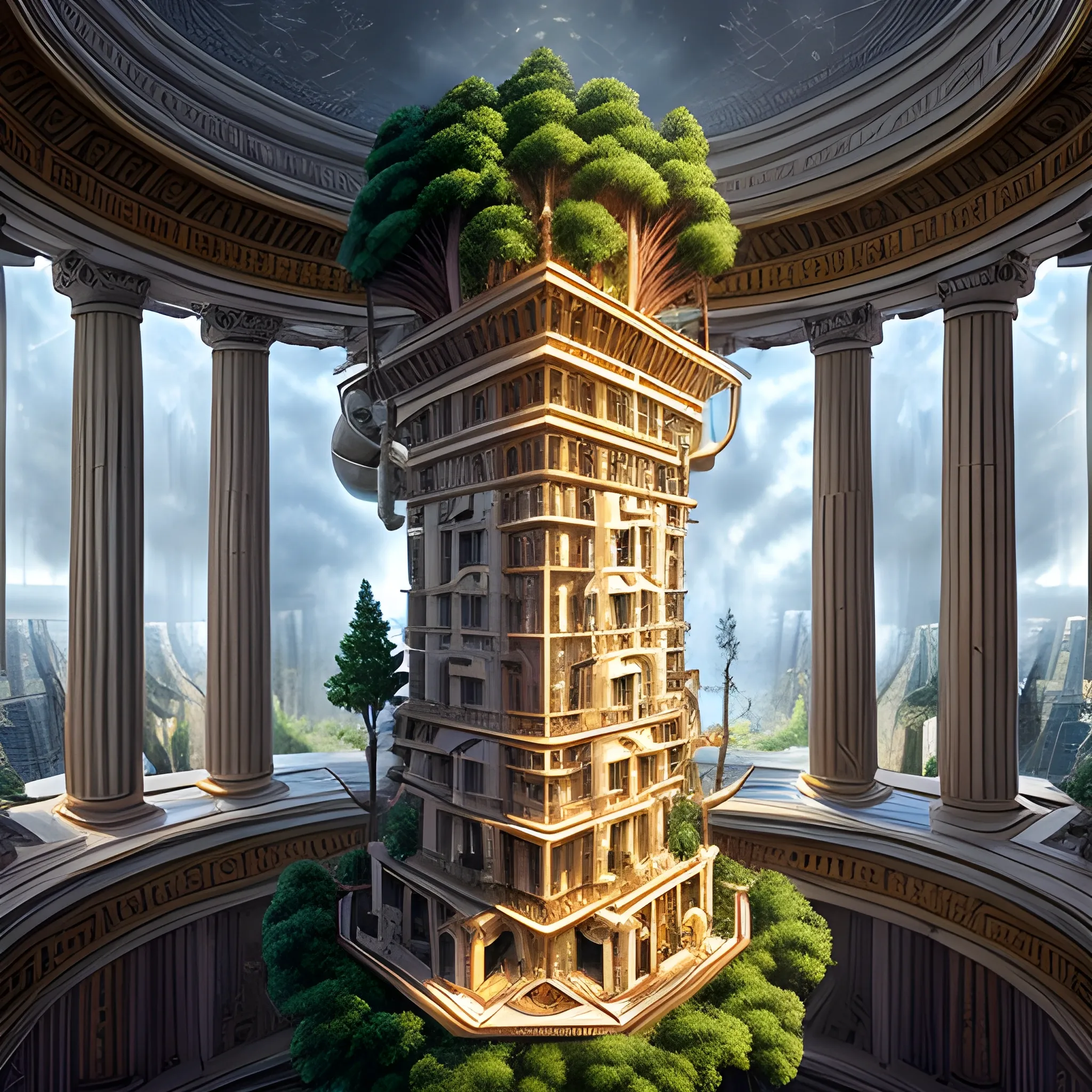 Encapsulation Upside-Down: Construction of Tree Appartment tree by the Greek Gods, hyper-detailed, intricate, delicate, cinematic brilliant stunning intricate meticulously detailed dramatic atmospheric maximalist digital