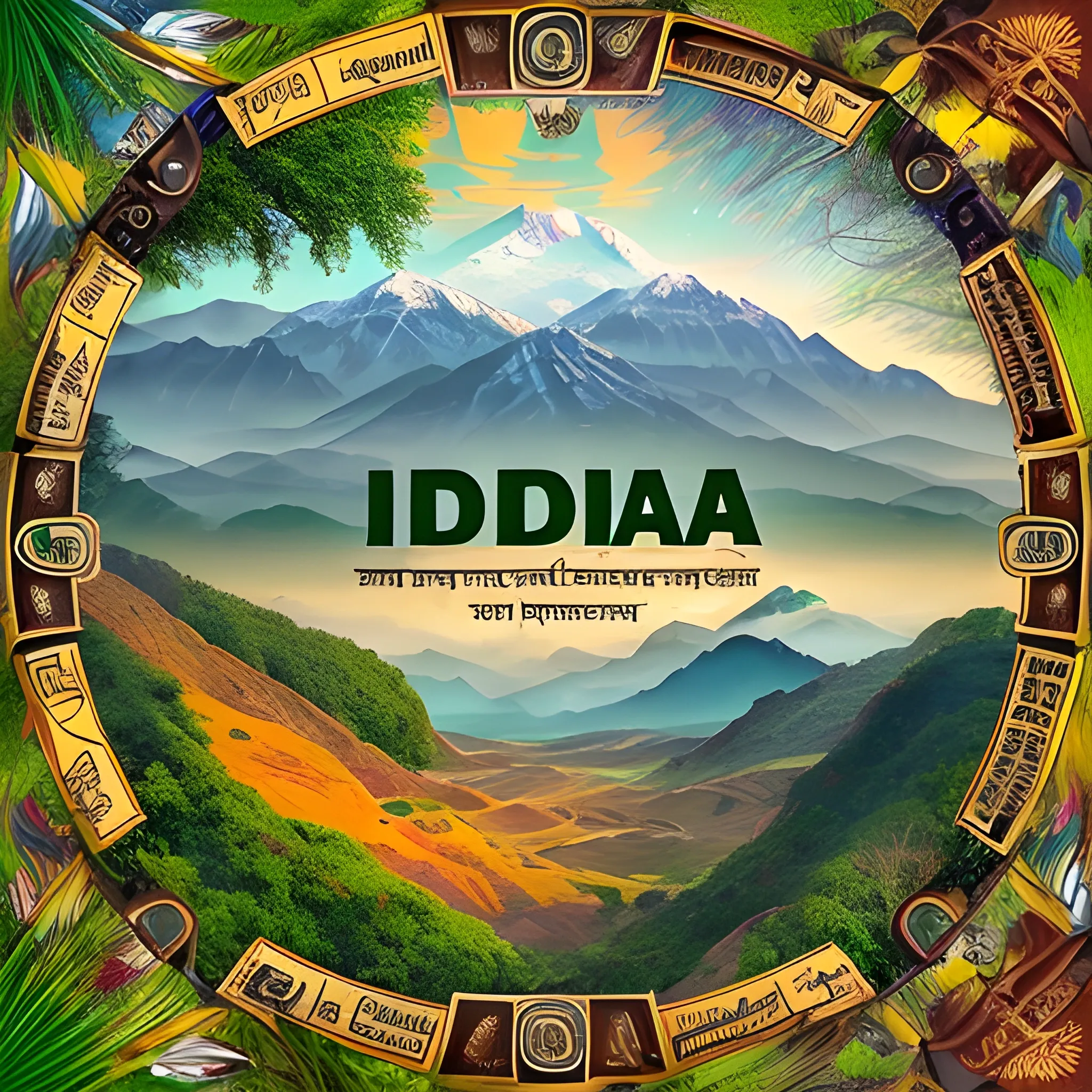 Adventure beckons in a sprawling expanse of nature, with the word "INDIA" emblazoned in large letters adorned with travel and adventure elements. Each letter is a world waiting to be discovered, filled with the essence of exploration, from rugged mountains to lush forests, inviting the viewer to embark on a grand journey.