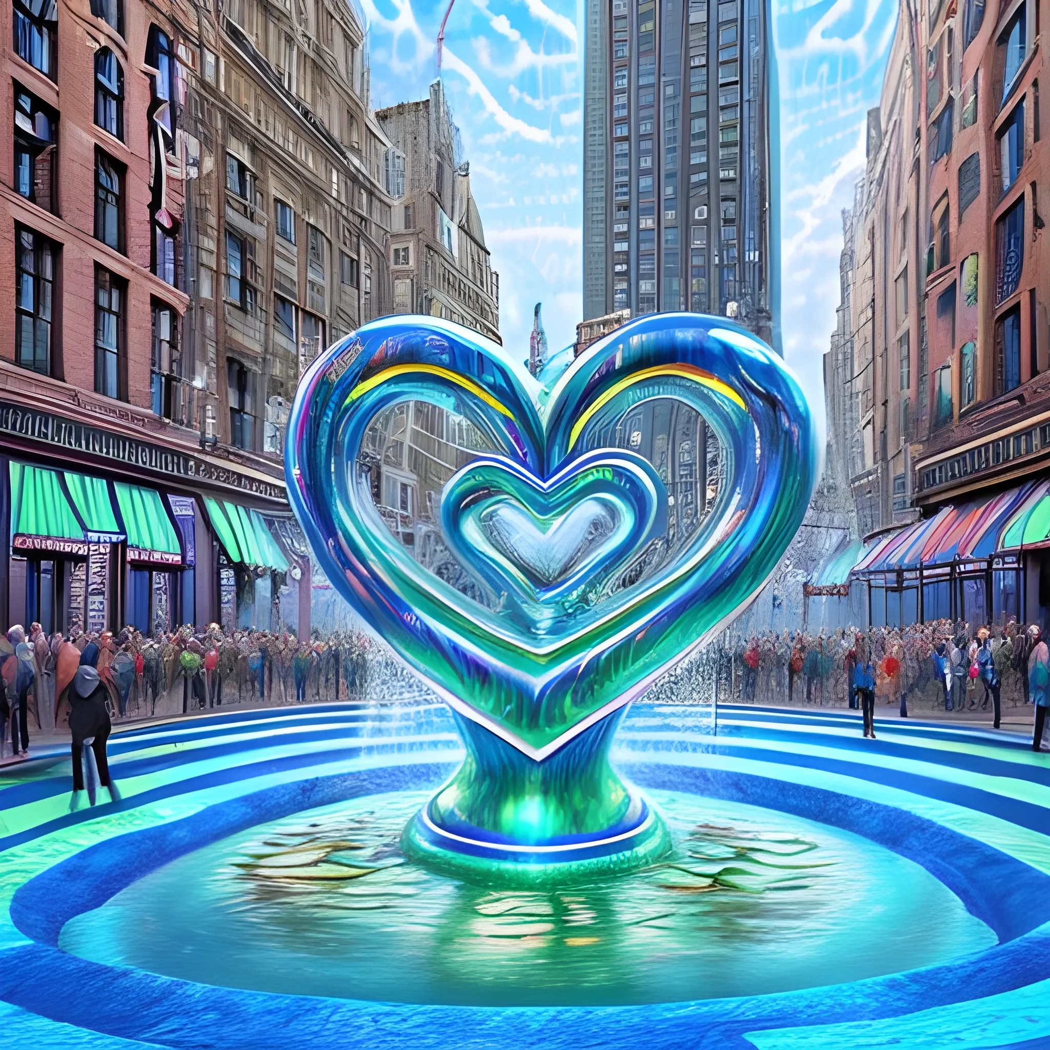 Hypnotic maze fountain: people crowd entering in Giant heart shape water fountain, NY city street, ultra hd, realistic, vivid colors, highly detailed, UHD drawing, pen and ink, perfect composition, 8k artistic photography, photo-realistic concept art, soft natural volumetric cinematic perfect light, Trippy