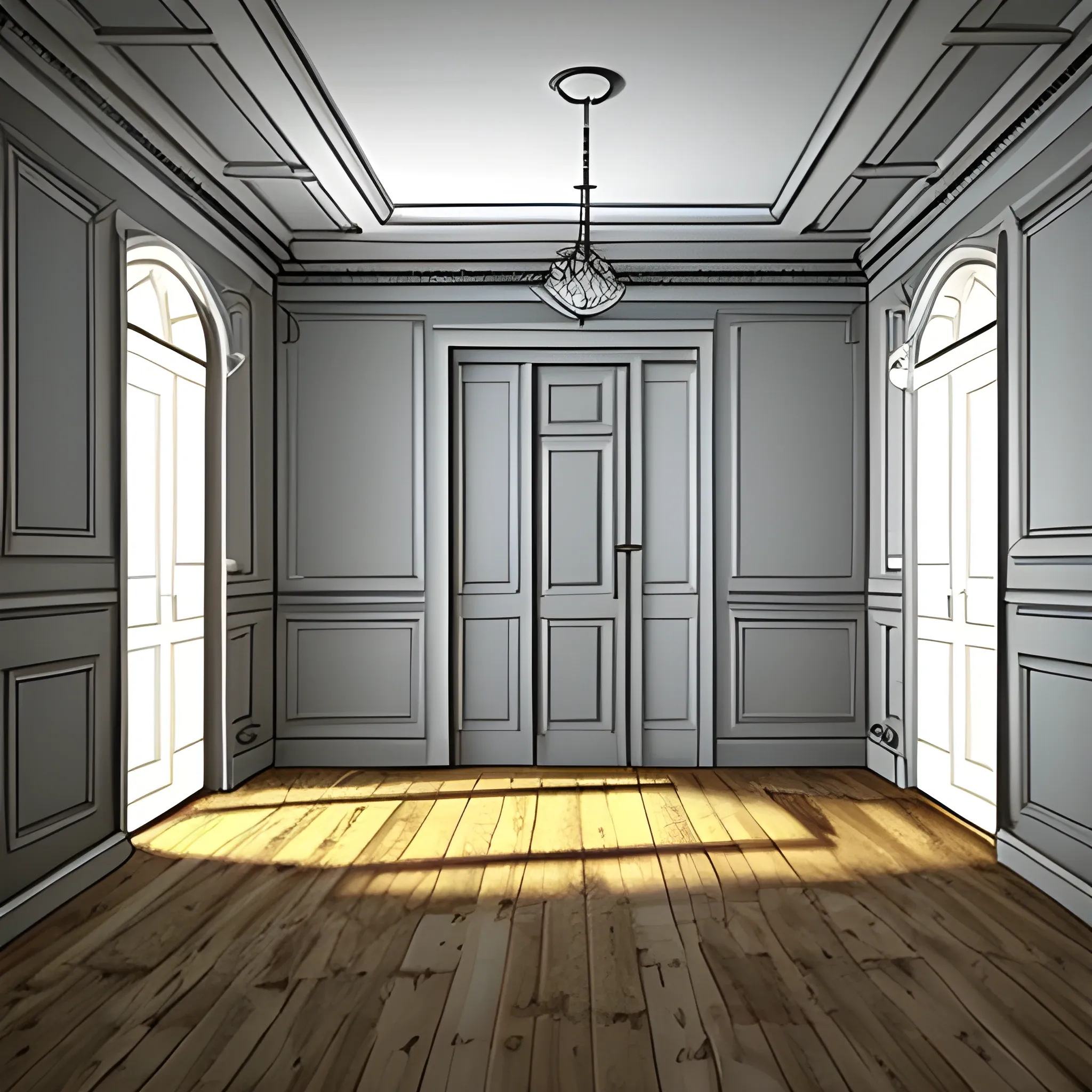 Draw an empty room in which you can see the centre wall where the door stands, the ceiling, the floor and two side walls. Preferably with old renovation  , 3D