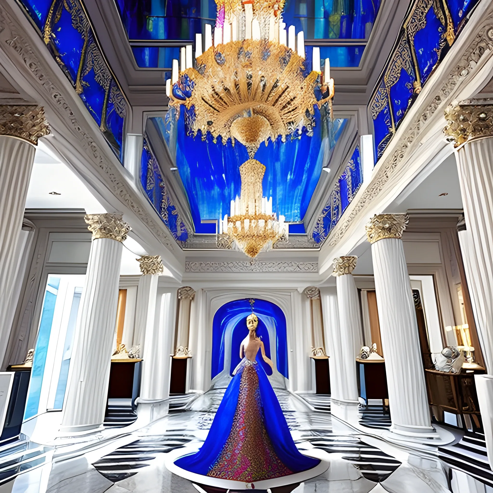 An elegant woman dressed in a shimmering, colorful stained-glass gown  in 'Palatial Passage', ascending the royal blue grand staircase of a magnificent palace, pure white marble columns lining the hallway and elegant chandeliers illuminating the scene, Trippy