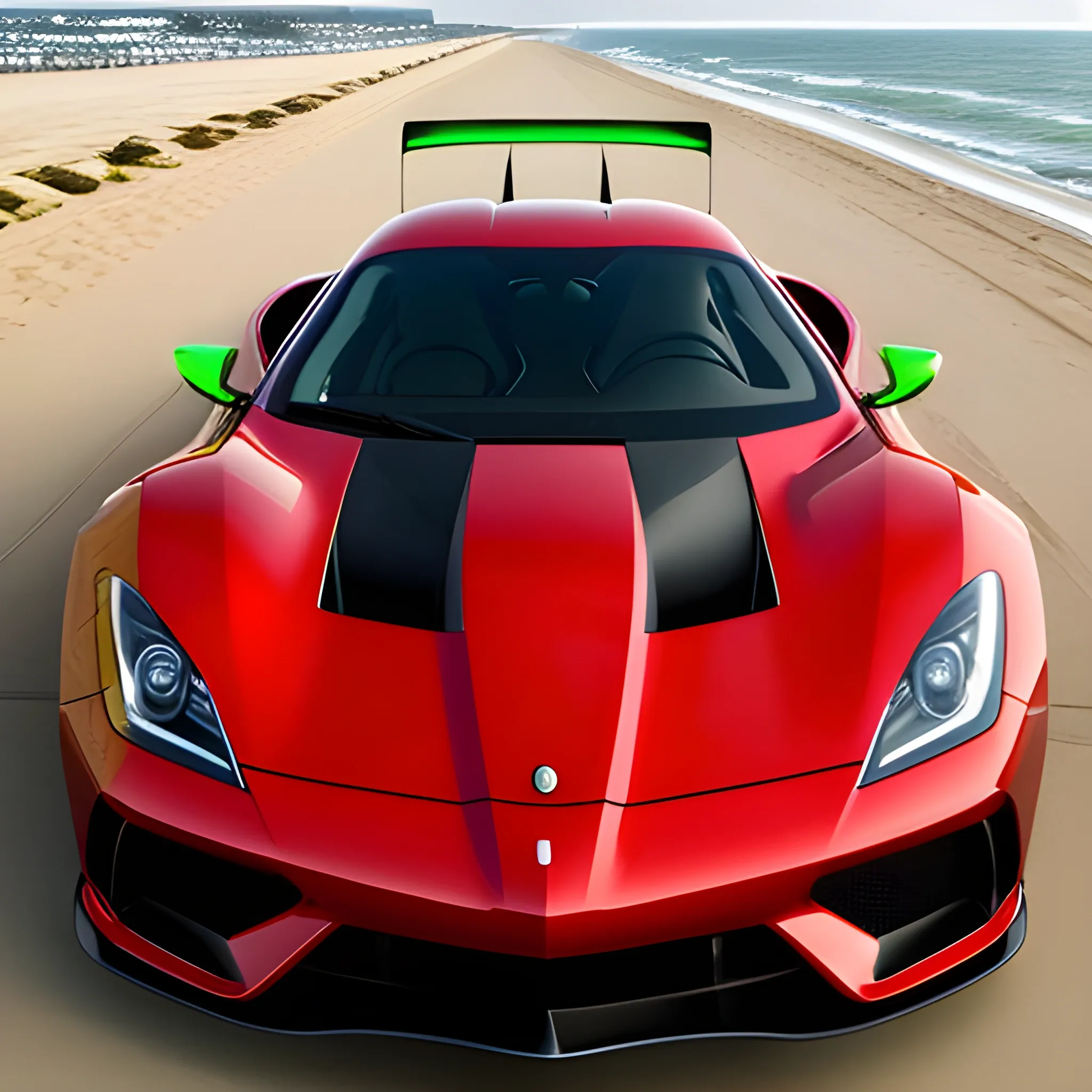 sport car in beach real looks and a girl in side the car. red and green
