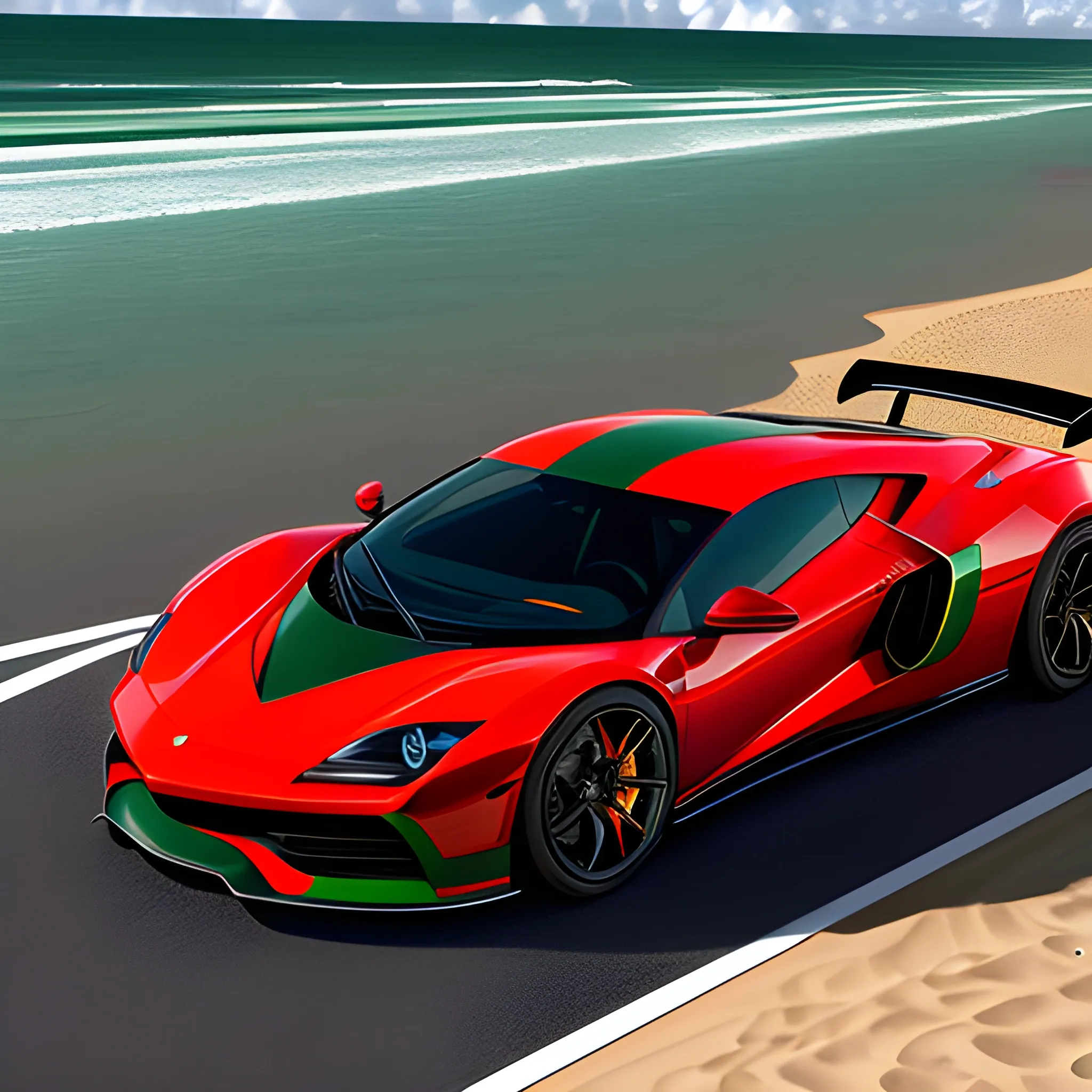 sport car in beach real looks and a girl in side the car. red and green
, 3D