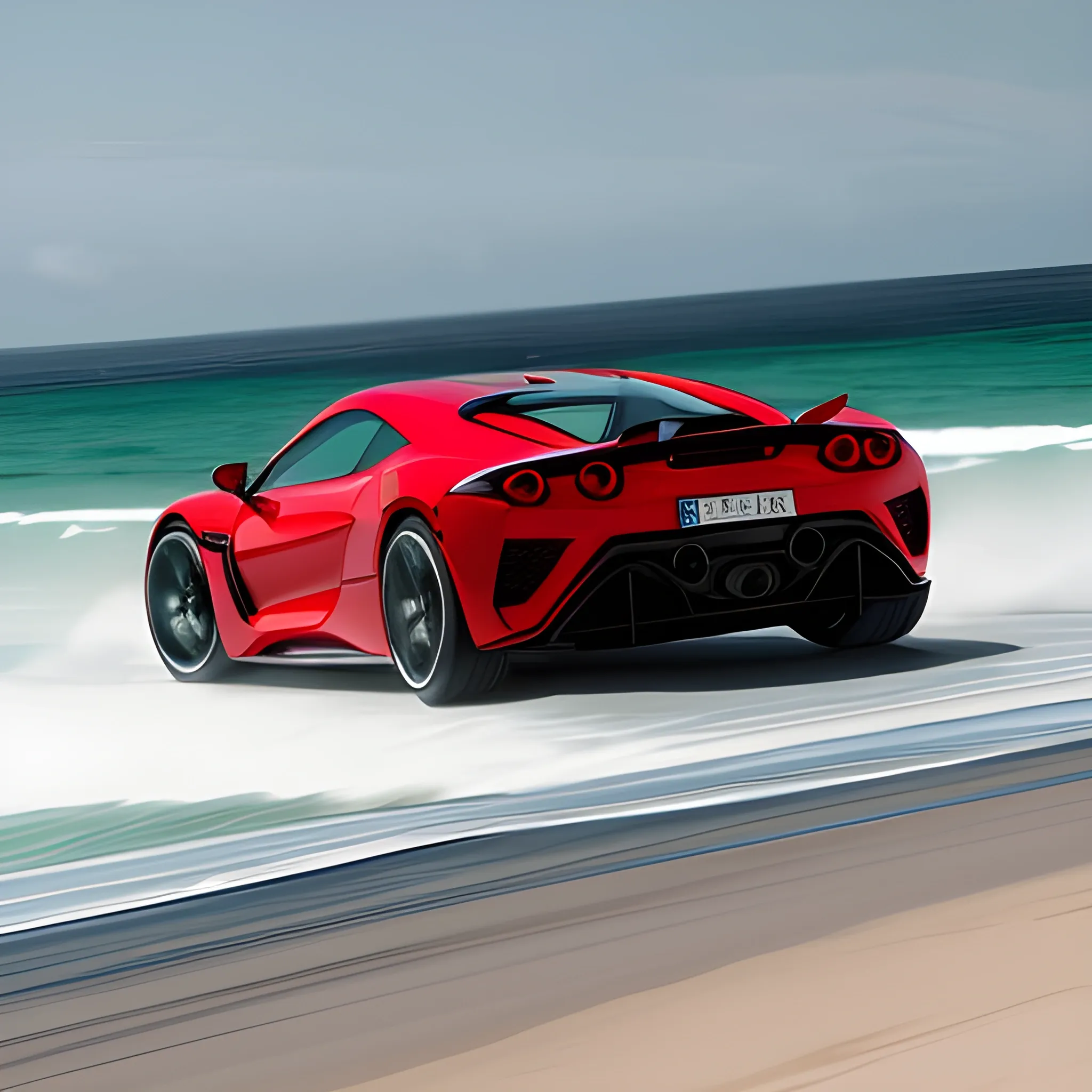 sport car in beach real looks and a girl in side the car. red and green . sea in so blur 