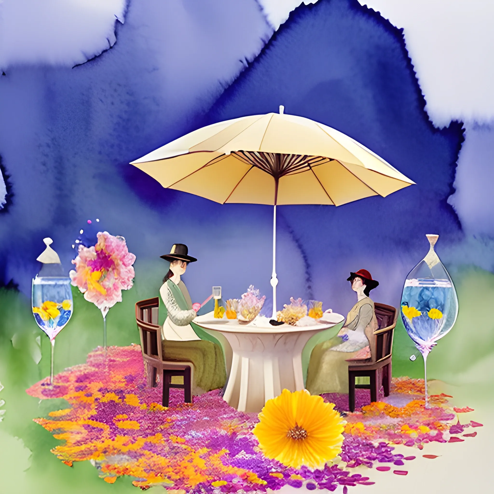 , Water color, use lots of dried flower petals in the shape of a letter U, with chinese drink umbrellas, and a champagne coupe glass in a meadow 
