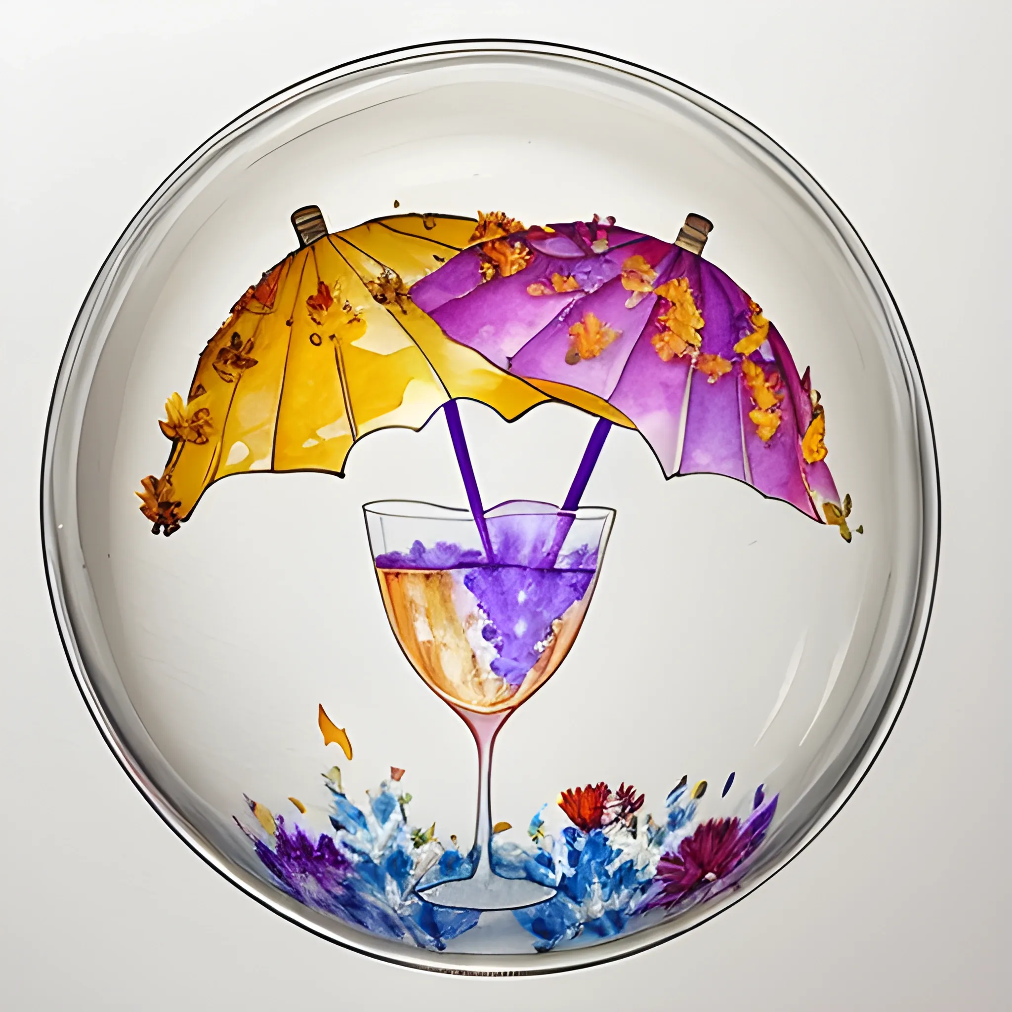 , Water color, use lots of dried flower petals in different colors in the shape of a giant letter U in the middle of the page,  have on chinese drink umbrella in a champagne coupe glass in a meadow , no people, on the bottom write UNA VODKA
