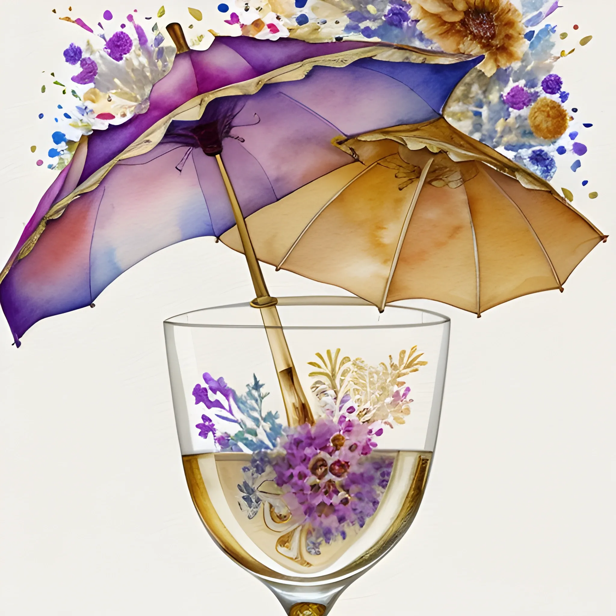 una logo in the middle, dried flowers of all colors around it more in the middle less towards the edges, a champagne coupe with a chinese umbrella in it,  , Water Color