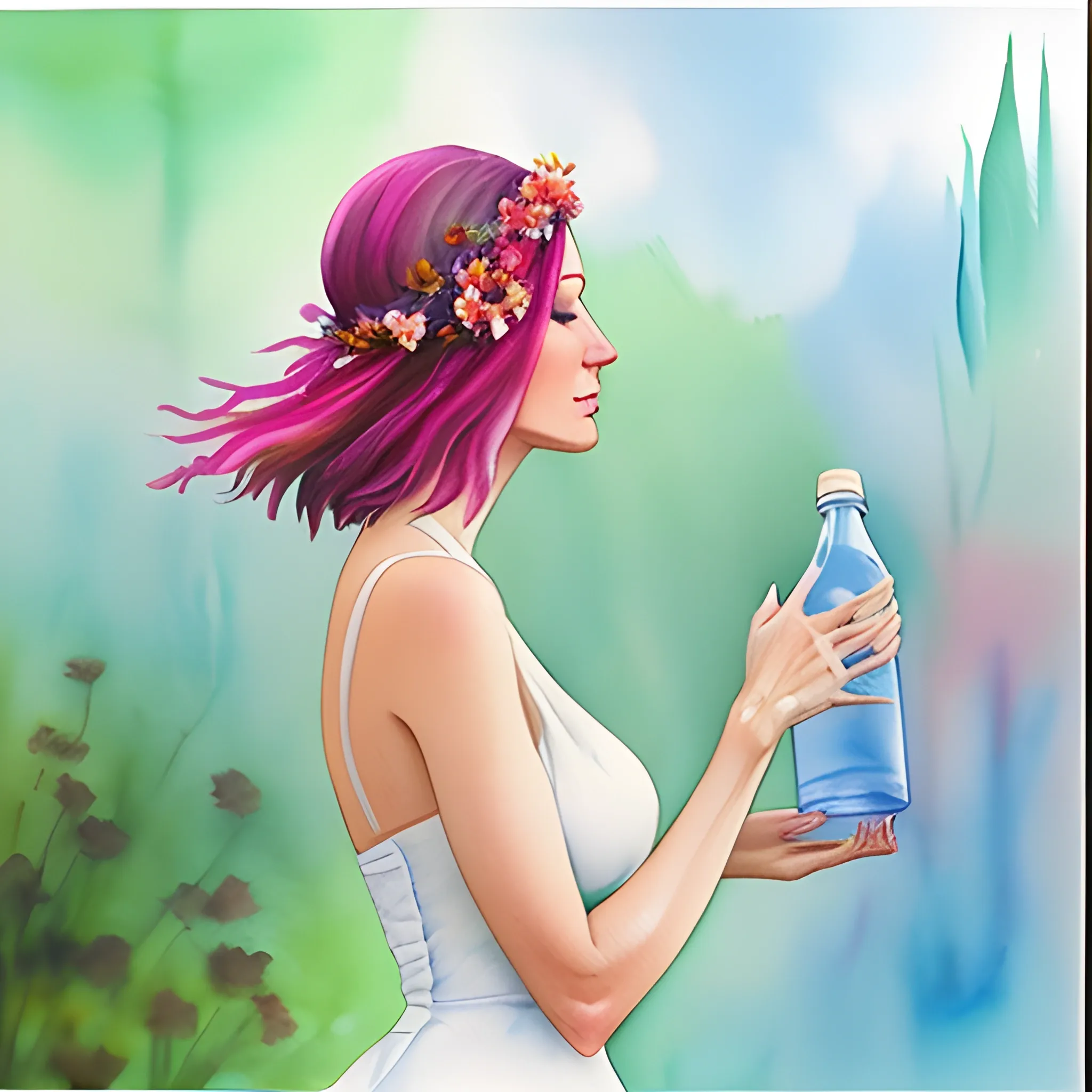 turn this exact image girl holding bottle into a water color painting, Water Color, turn this exact photo into a water color, put dried flower petals around the edges of all colors, on the very bottom put text in white say "When drinking please be responsible and sexy"