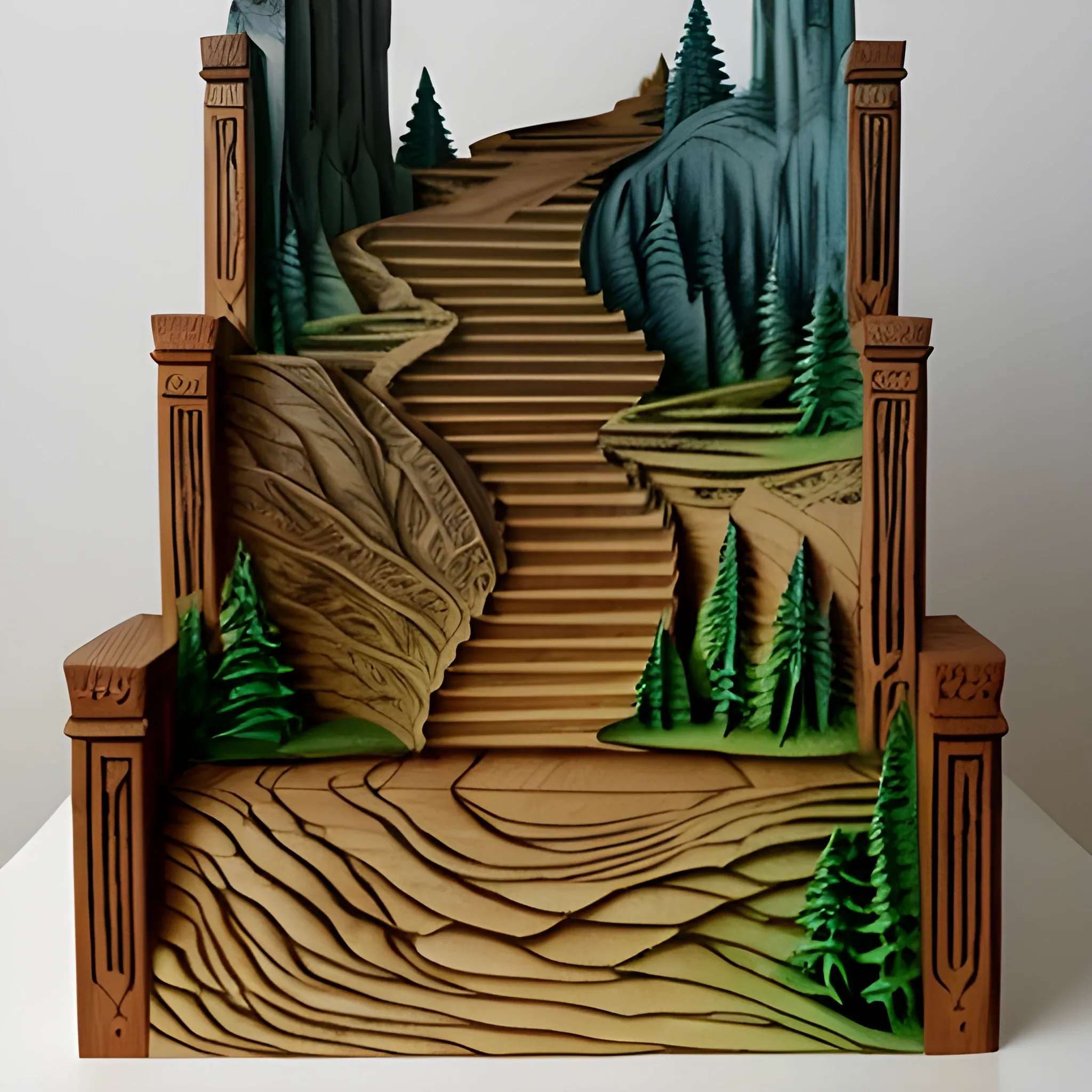 carved wooden fantasy paper looking like stairs, landscape fond dreamy