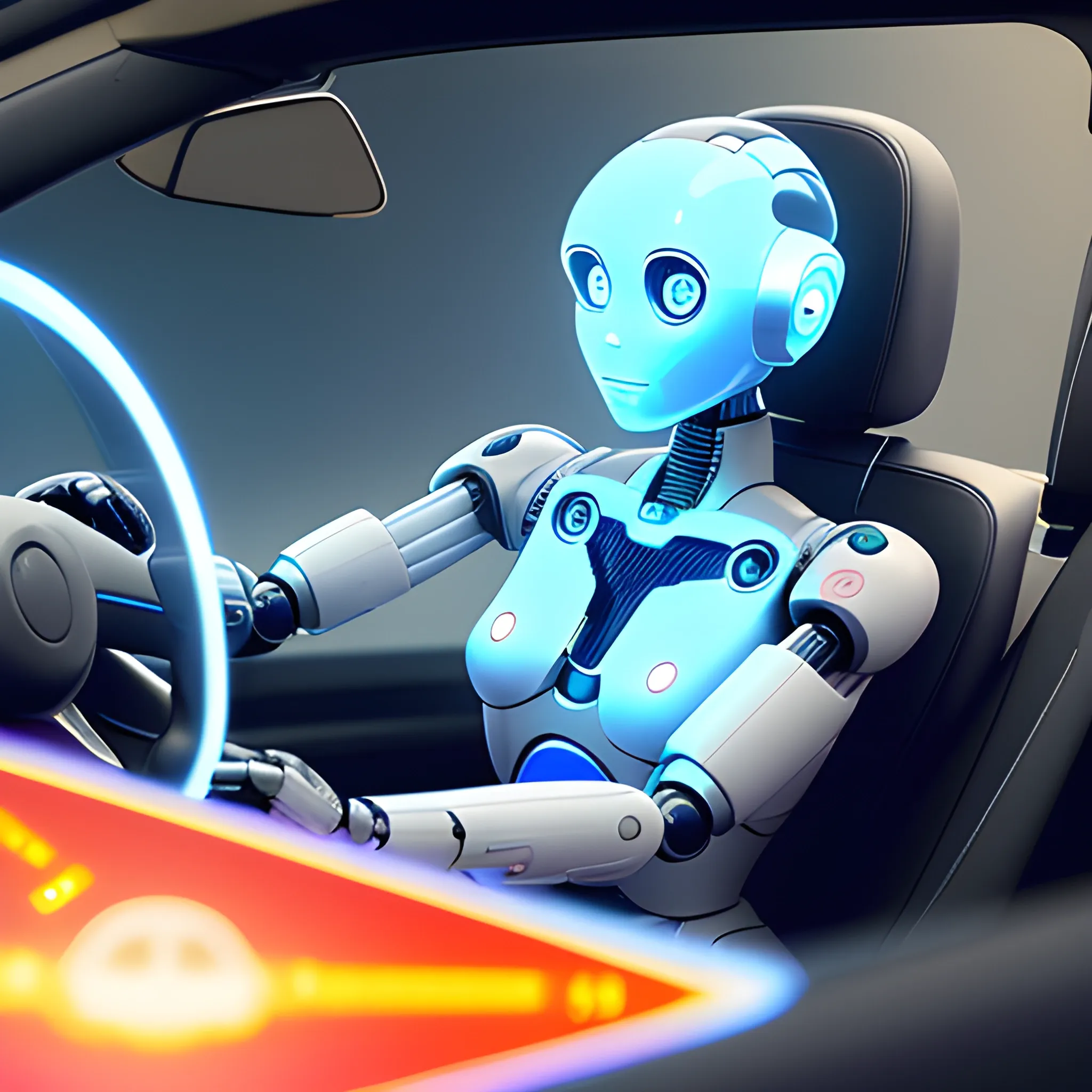 Create images of a robot sitting in the driver's seat of a car where she finger pointing to car dashboard, appears with an expansion of a glowing location map,  hologram of everything the user could have access to related to the consumer experience and network connection. Concept of lifestyle with technology robot and AI