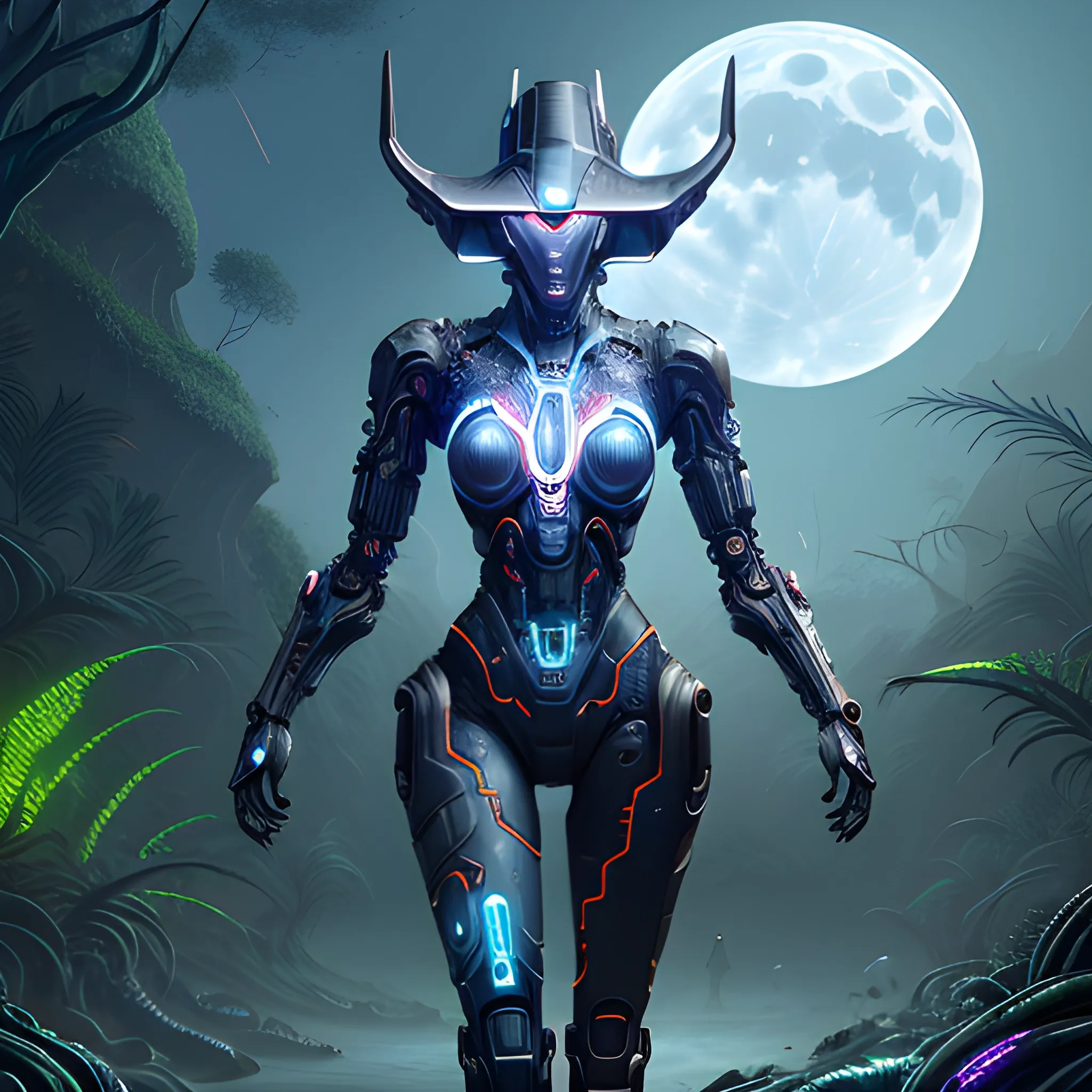Digital painting of a Cyborg Cowgirl wearing a futuristic hat, (Transparent armor), walking through a dark enchanted jungle on an unknown planet at night, very detailed, cybernetic head-wear, watches over the moonlit night, evoking tranquility and wisdom, concept: (((plant creature))), (((tentacles))), stalks, ((futuristic)), ((cyberpunk style)), ((intricate details)), hdr, ((intricate details, hyper-detailed)),