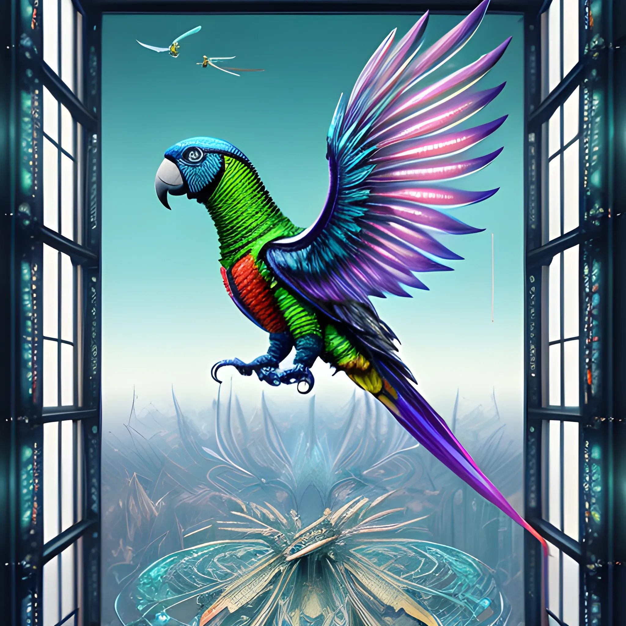 A mechanical animalistic Parrot, with transparent wings, final fantasy concept art, intricate, detailed, dramatic, art-station, view form window and sci-fi cities below, showcasing the innovation of anti-gravity racing. The poster features futuristic colors and detailed textures to convey innovation and adrenaline, Trippy