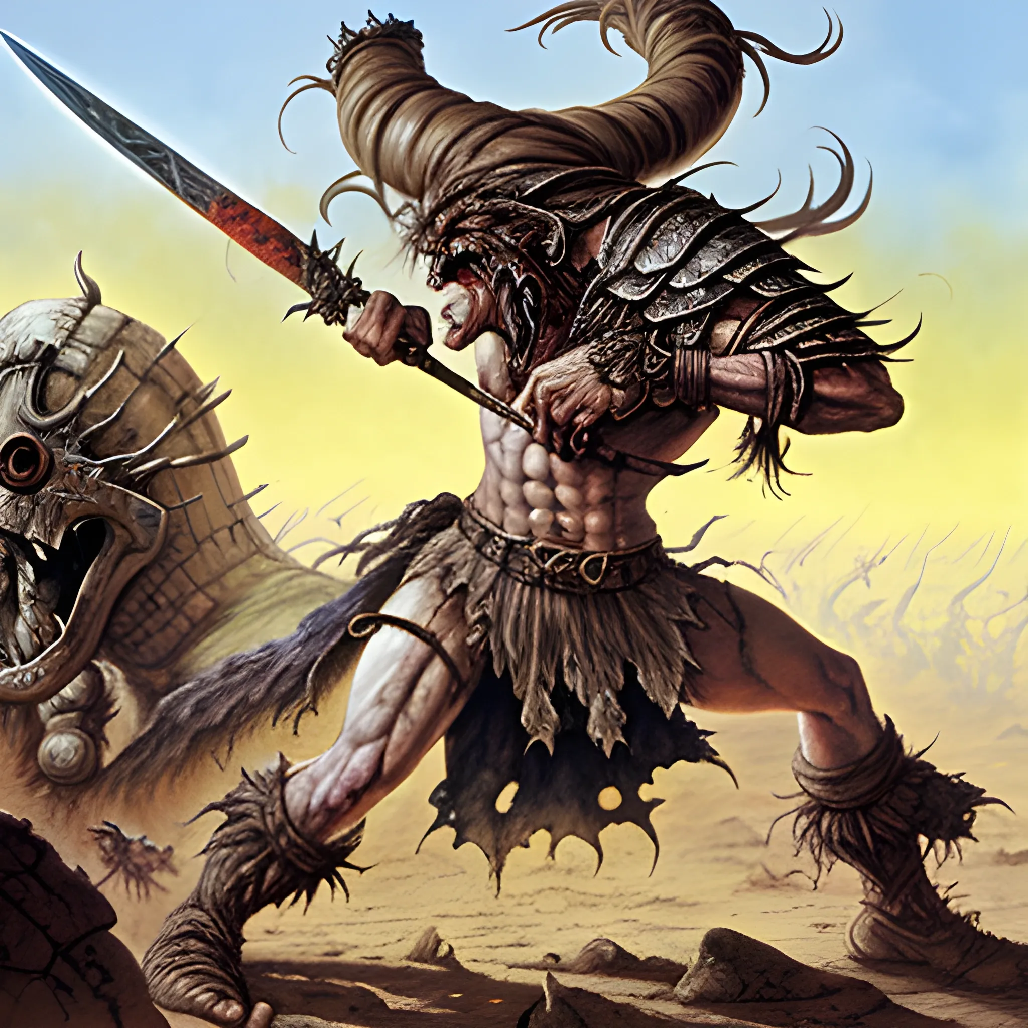 Rodney Matthews Style Barbarian berserk-er raging in the heat of battle, blood-soaked arena 