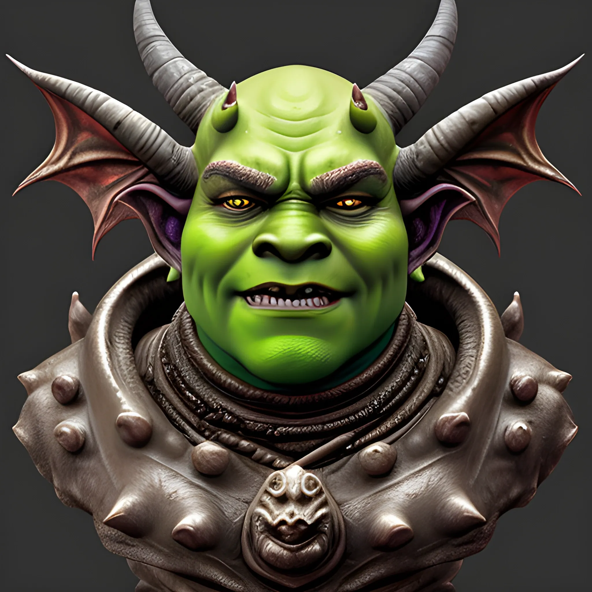 a close up of a statue of a demon and a dragon, an airbrush painting, inspired by Simon Bisley, trending on zbrush central, new sculpture, portrait of shrek, portrait of an ork, video game dunkey, large bust, Trippy